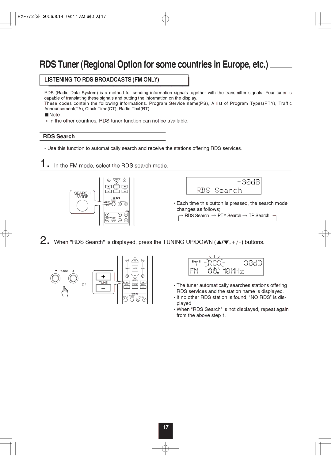 Sherwood RX-772 manual Listening to RDS Broadcasts FM only, RDS Search, FM mode, select the RDS search mode 