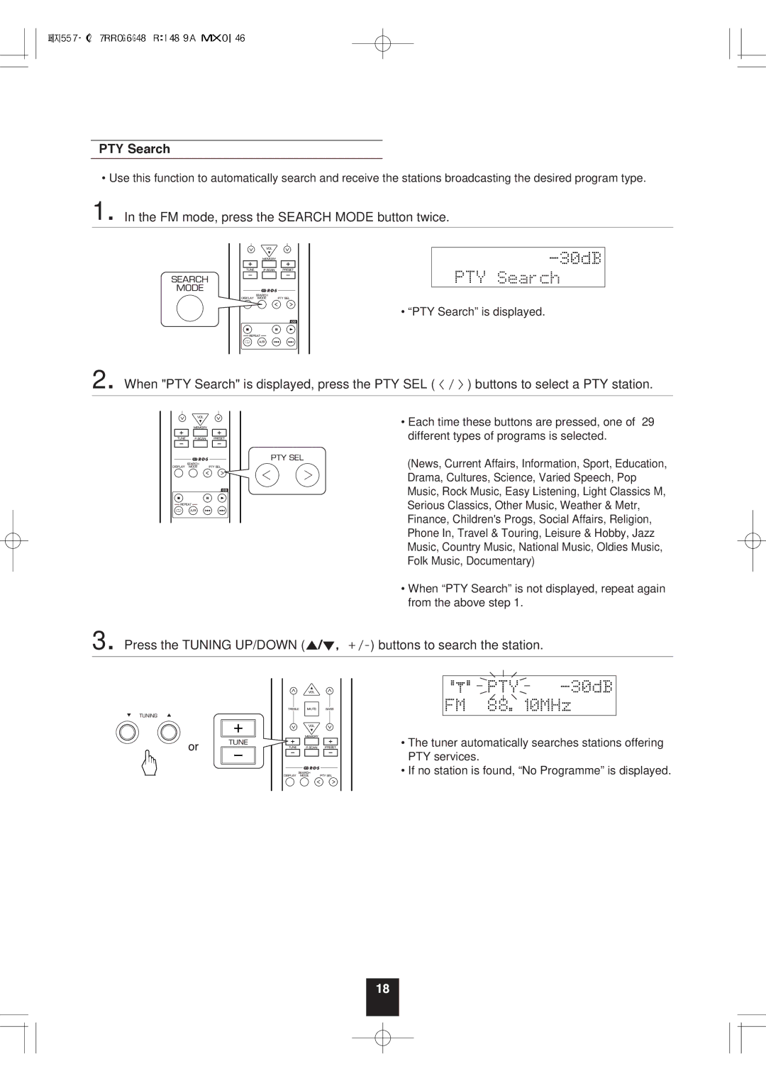 Sherwood RX-772 manual PTY Search, FM mode, press the Search Mode button twice 