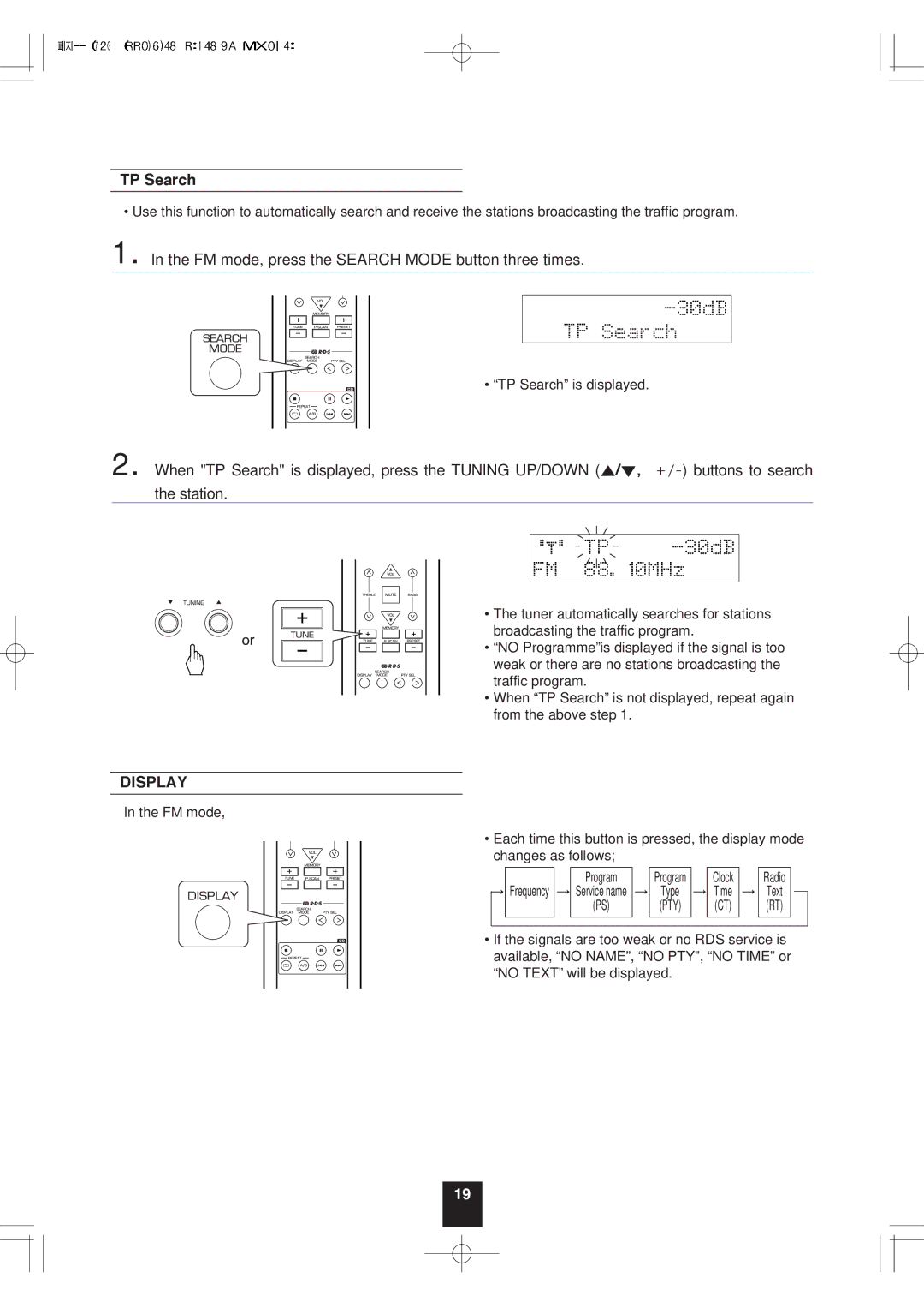 Sherwood RX-772 manual TP Search, FM mode, press the Search Mode button three times 