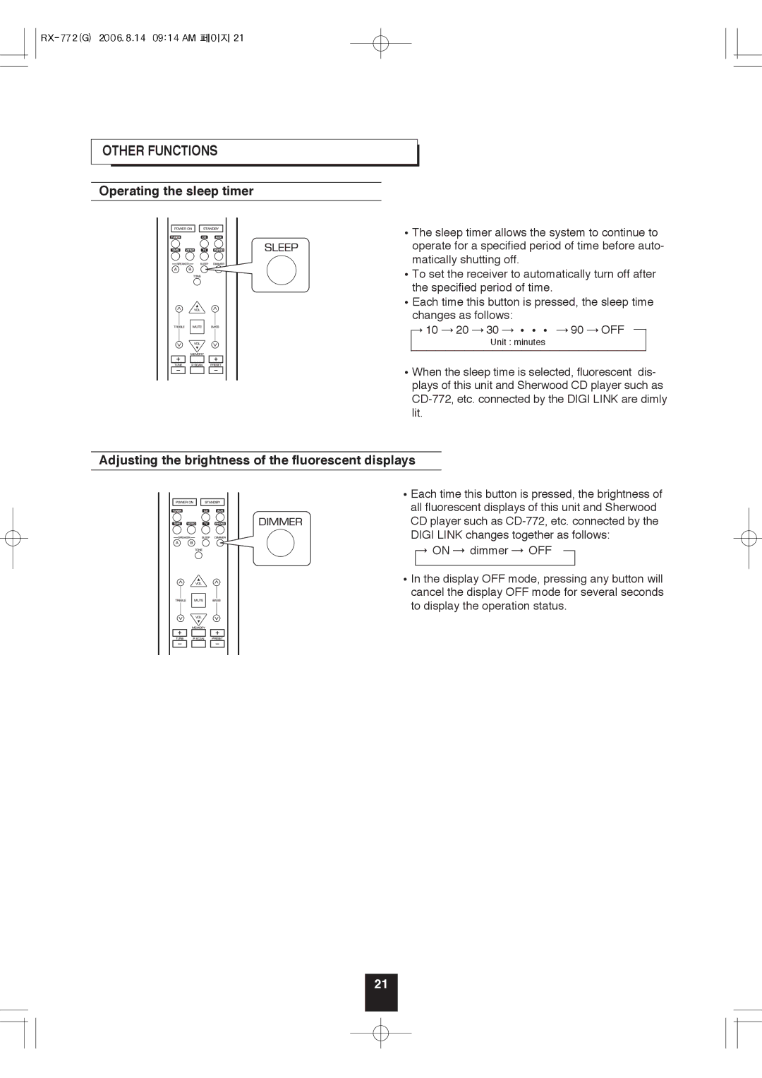 Sherwood RX-772 manual Other Functions, Operating the sleep timer, Adjusting the brightness of the fluorescent displays 