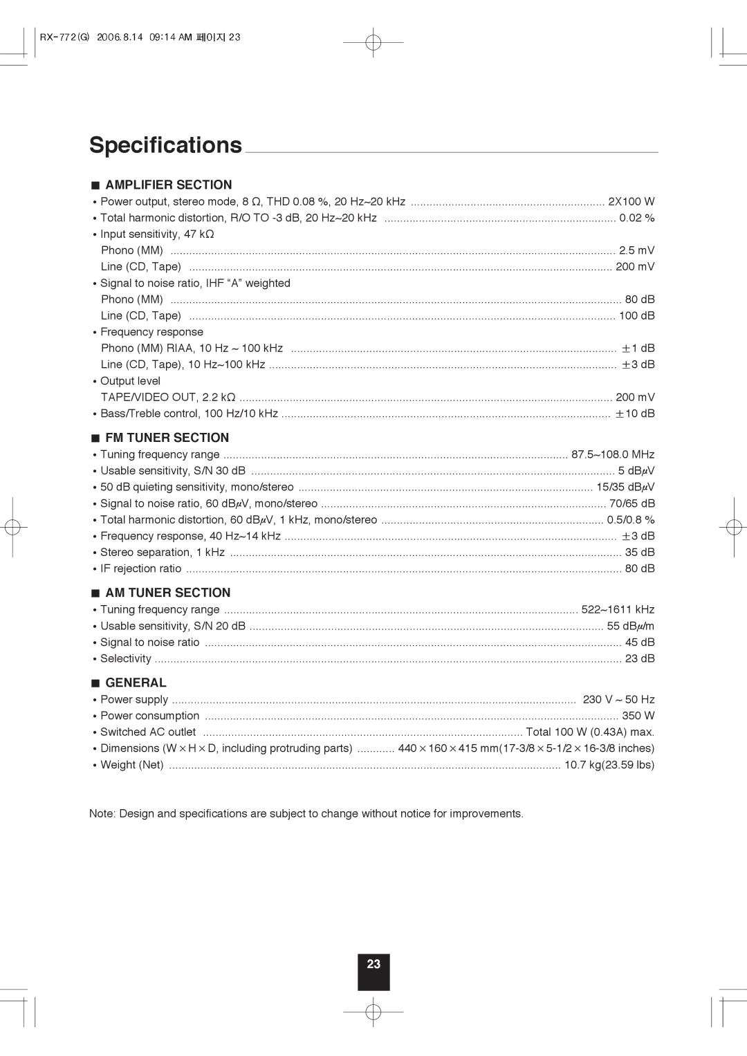 Sherwood RX-772 manual Specifications, Amplifier Section 