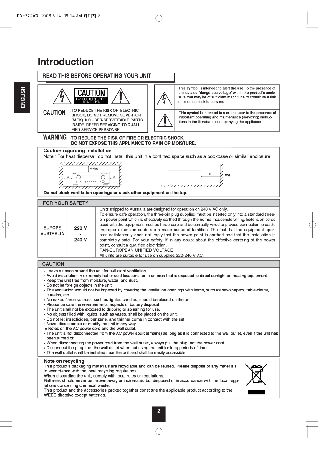 Sherwood RX-772 manual Introduction, Read This Before Operating Your Unit, English, Caution regarding installation, 220V 