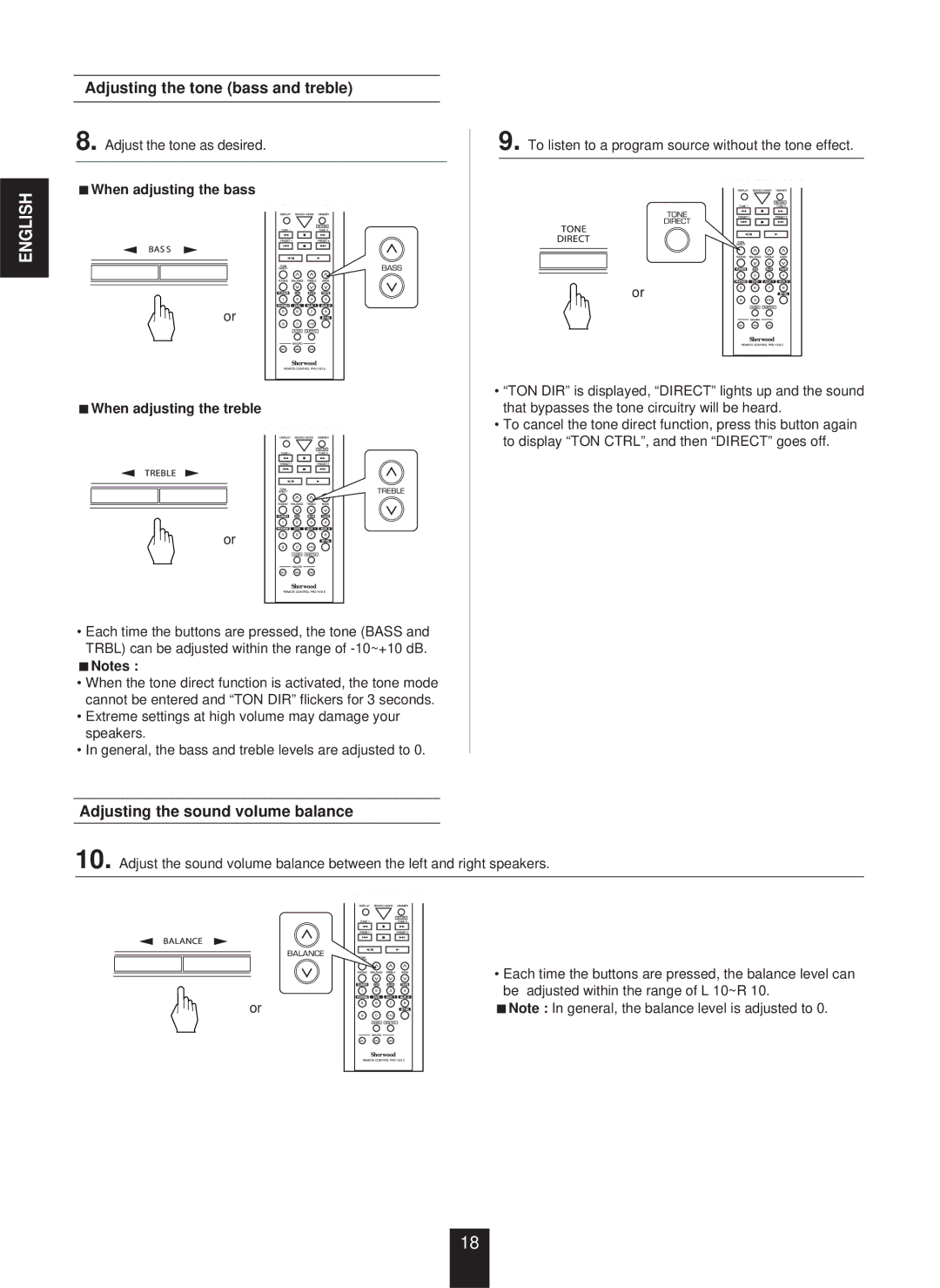 Sherwood RX-773 manual Adjusting the tone bass and treble, Adjusting the sound volume balance 