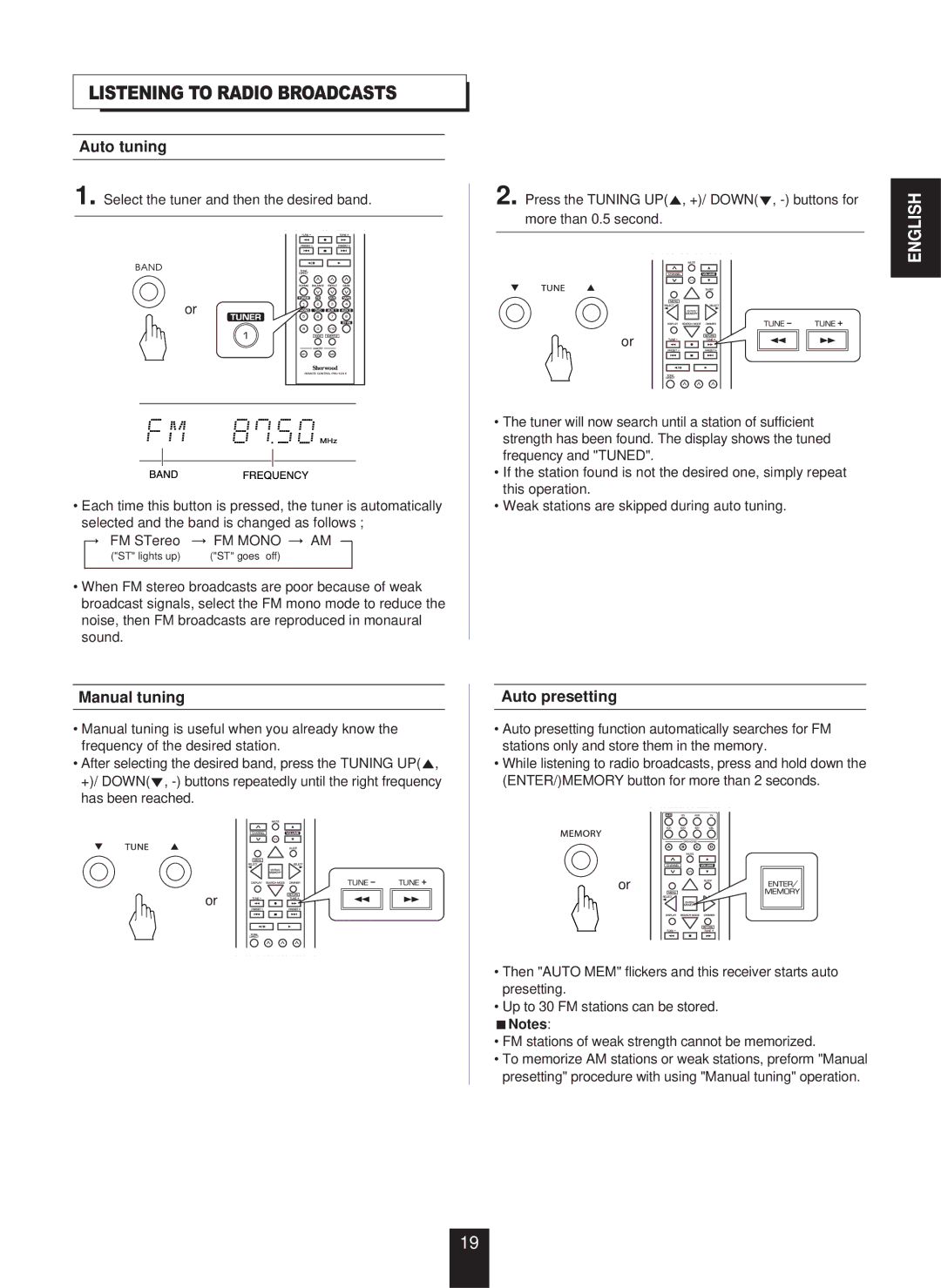 Sherwood RX-773 manual Listening to Radio Broadcasts, Auto tuning, Manual tuning, Auto presetting, FM Mono AM 