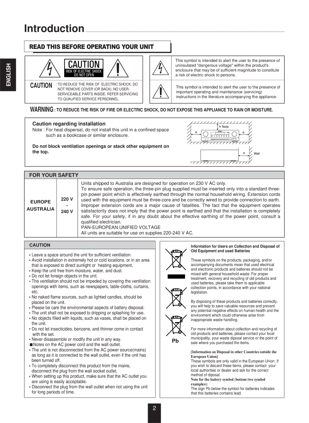 Sherwood RX-773 manual Read this Before Operating Your Unit, For Your Safety, PAN-EUROPEAN Unified Voltage 