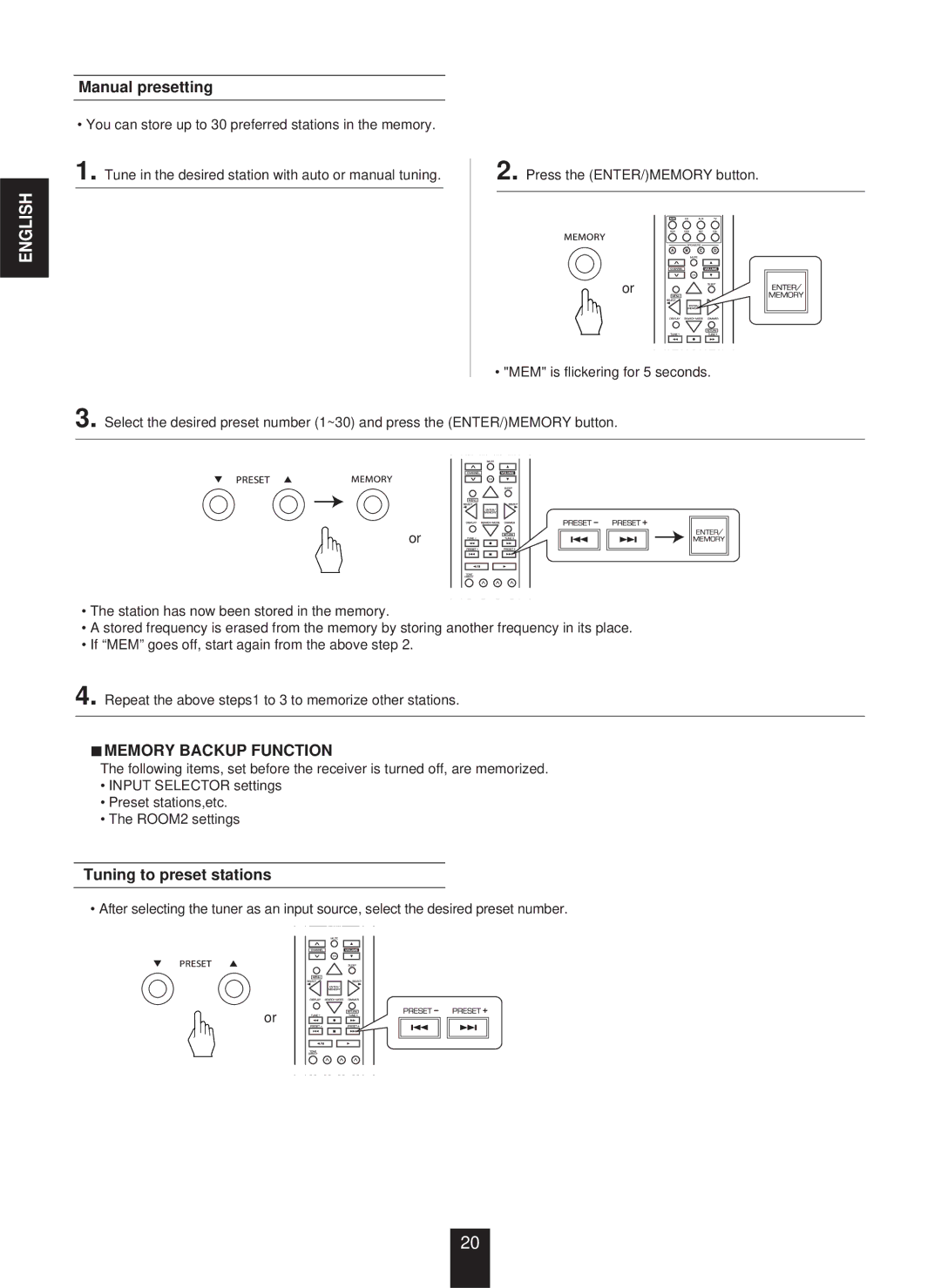 Sherwood RX-773 manual Manual presetting, Memory Backup Function, Tuning to preset stations 