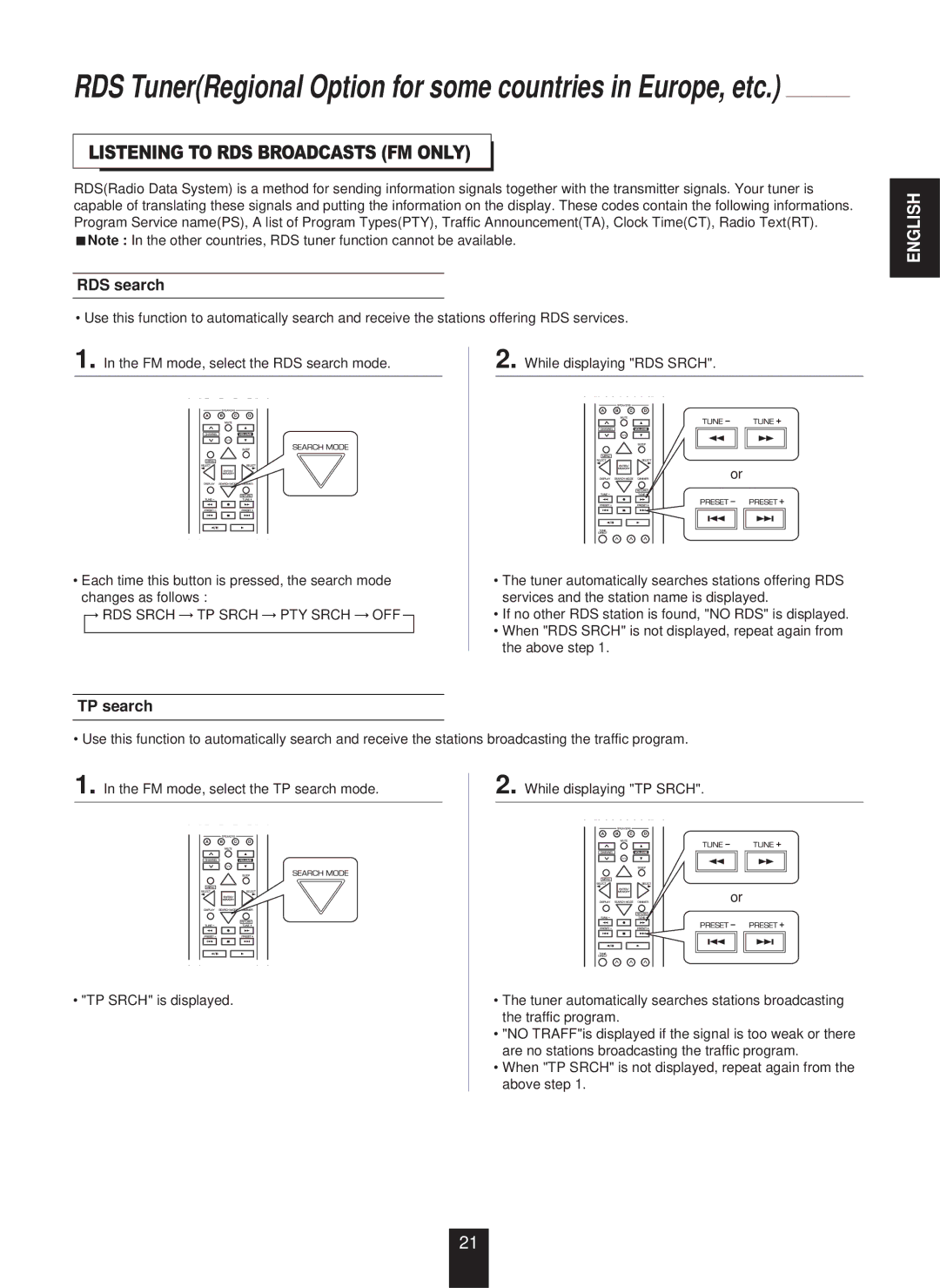 Sherwood RX-773 manual Listening to RDS Broadcasts FM only, RDS search, TP search, RDS Srch TP Srch PTY Srch OFF 