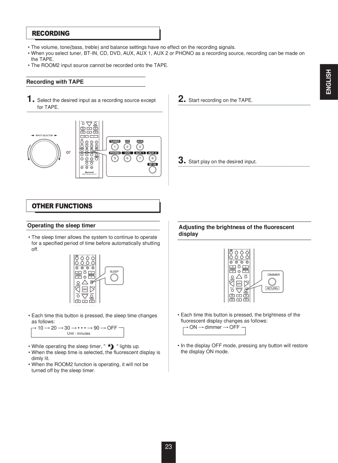 Sherwood RX-773 manual Other Functions, Recording with Tape, Operating the sleep timer 