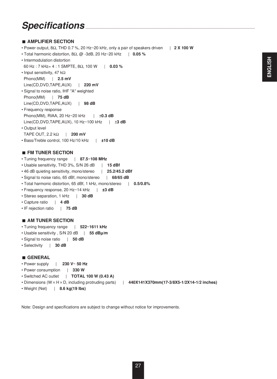 Sherwood RX-773 manual Specifications, Amplifier Section, FM Tuner Section, AM Tuner Section, General 