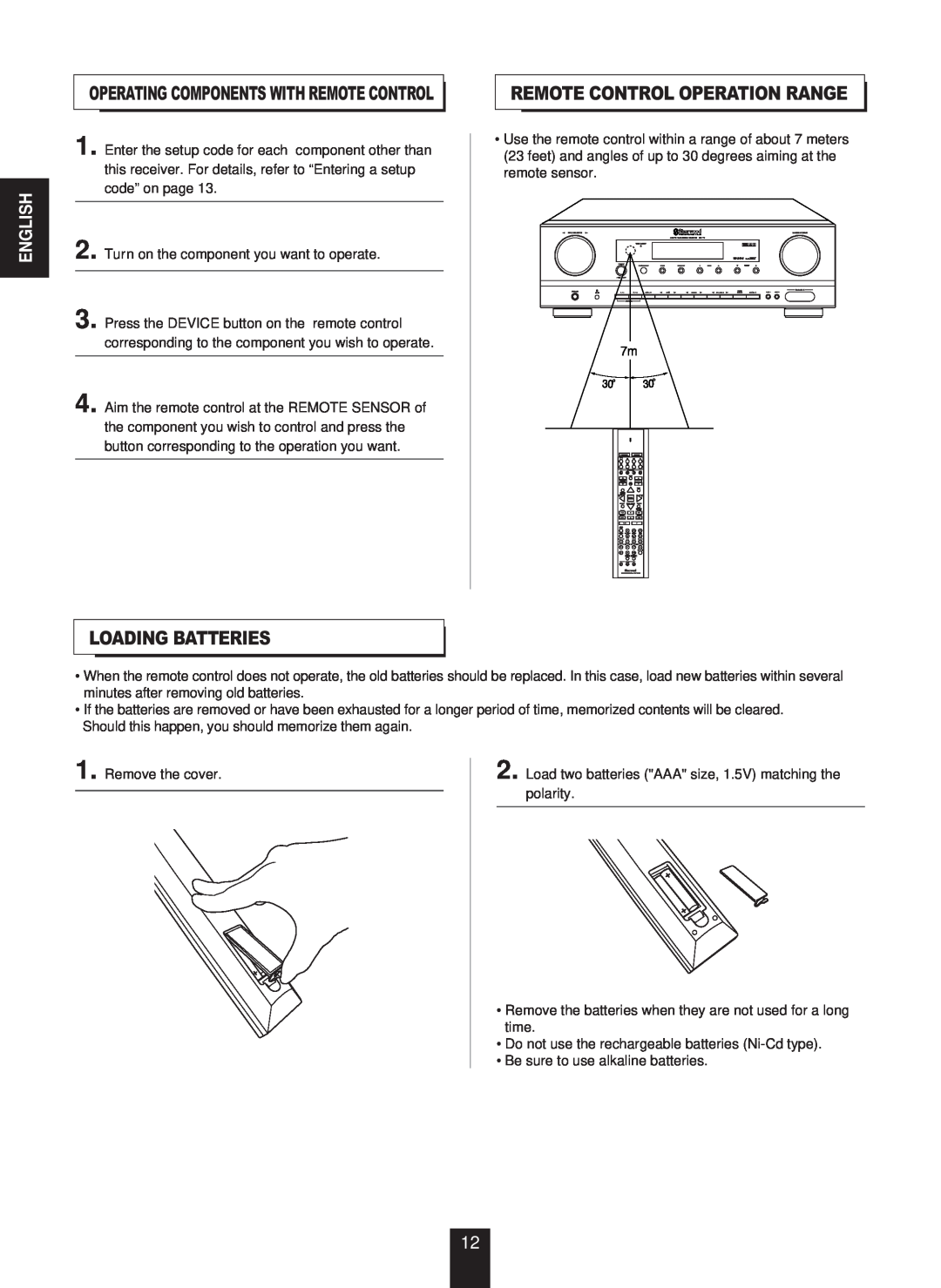 Sherwood RX-773 manual Loading Batteries, Remote Control Operation Range, English 
