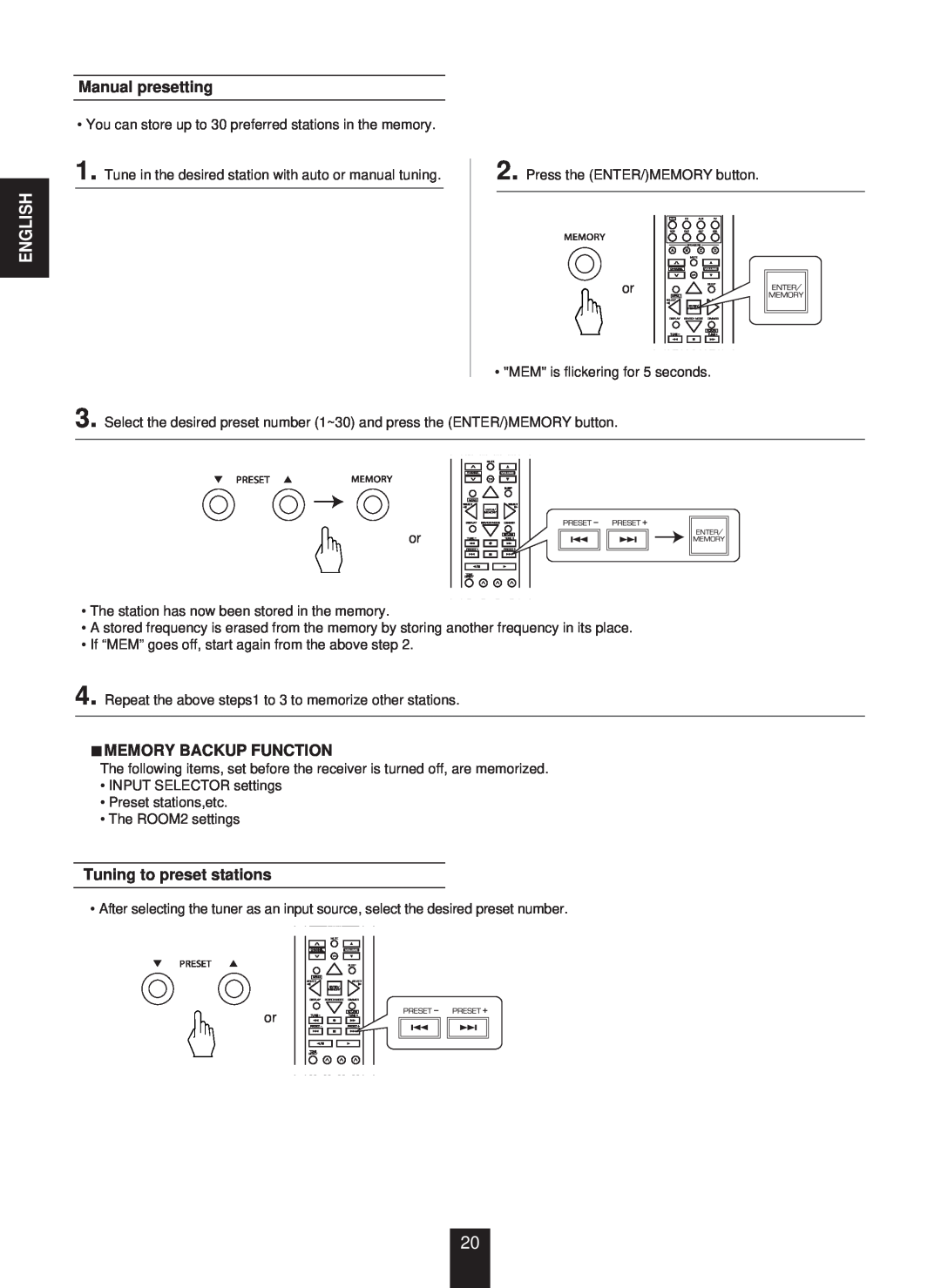 Sherwood RX-773 manual Manual presetting, Memory Backup Function, Tuning to preset stations, English 
