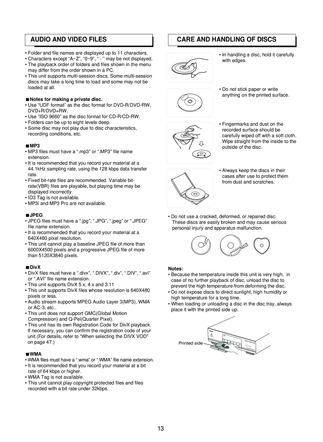 Sherwood SD-860 manual Audio and Video Files, Care and Handling of Discs, DivX 