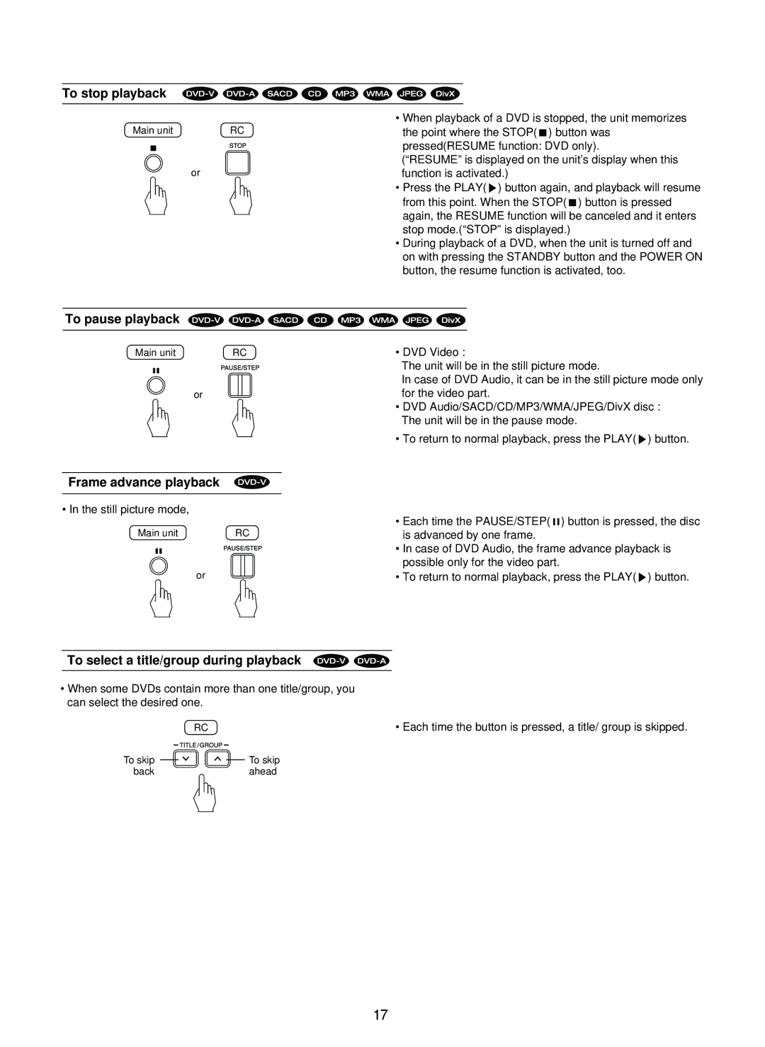 Sherwood SD-860 manual To stop playback, To pause playback, Frame advance playback, To select a title/group during playback 