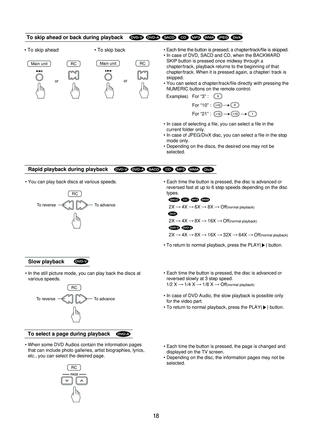 Sherwood SD-860 manual To skip ahead or back during playback, Rapid playback during playback, Slow playback 