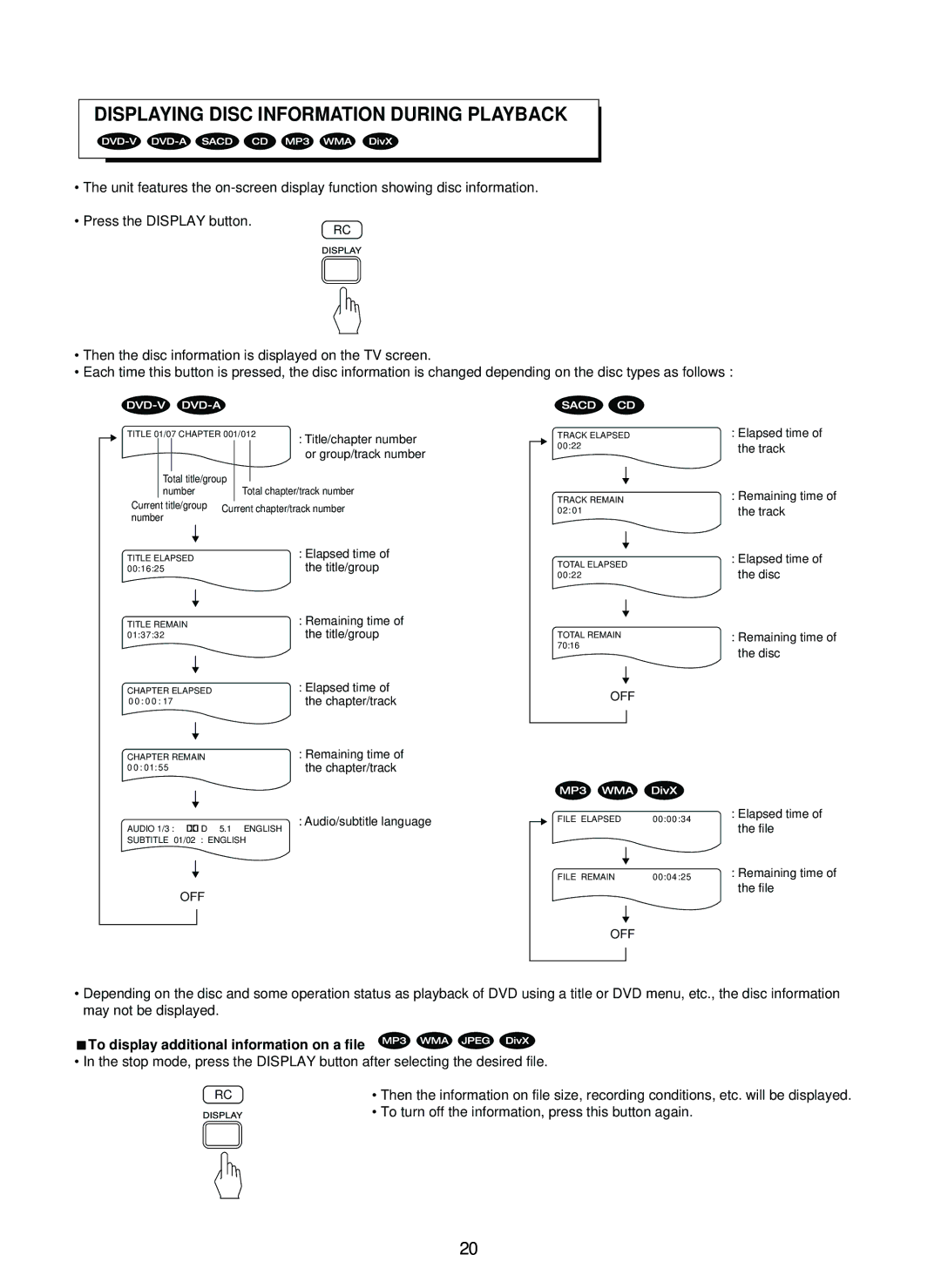 Sherwood SD-860 manual Displaying Disc Information During Playback, To display additional information on a file 