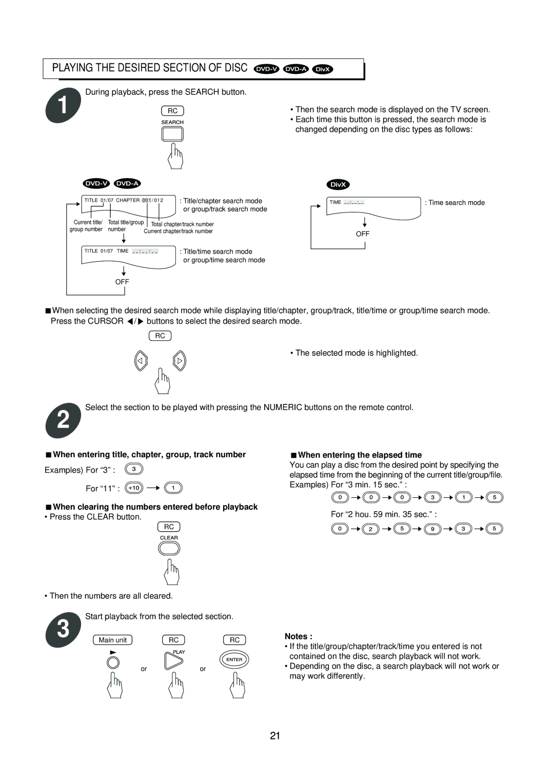 Sherwood SD-860 manual When entering title, chapter, group, track number, When clearing the numbers entered before playback 