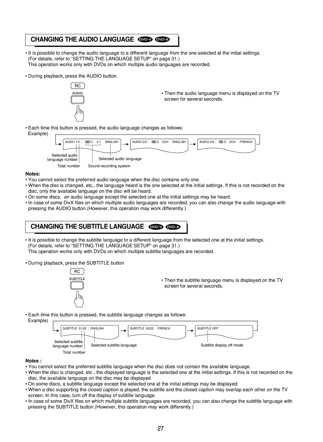 Sherwood SD-860 manual Changing the Audio Language, Changing the Subtitle Language 