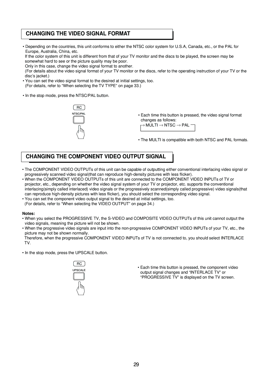 Sherwood SD-860 manual Changing the Video Signal Format, Changing the Component Video Output Signal 