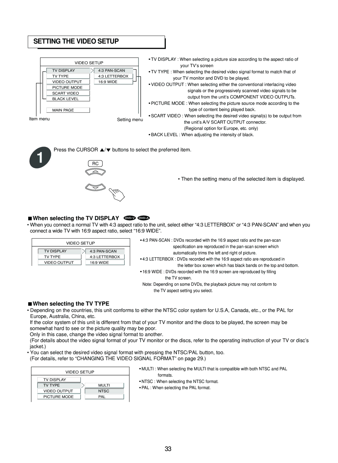 Sherwood SD-860 manual Setting the Video Setup, When selecting the TV Display, When selecting the TV Type 