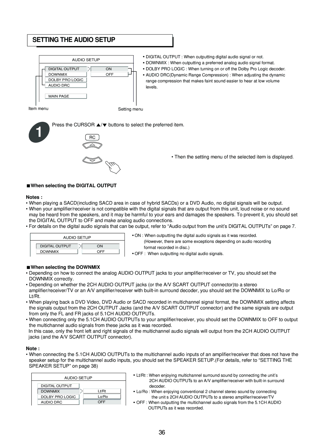 Sherwood SD-860 manual Setting the Audio Setup, When selecting the Digital Output, When selecting the Downmix 