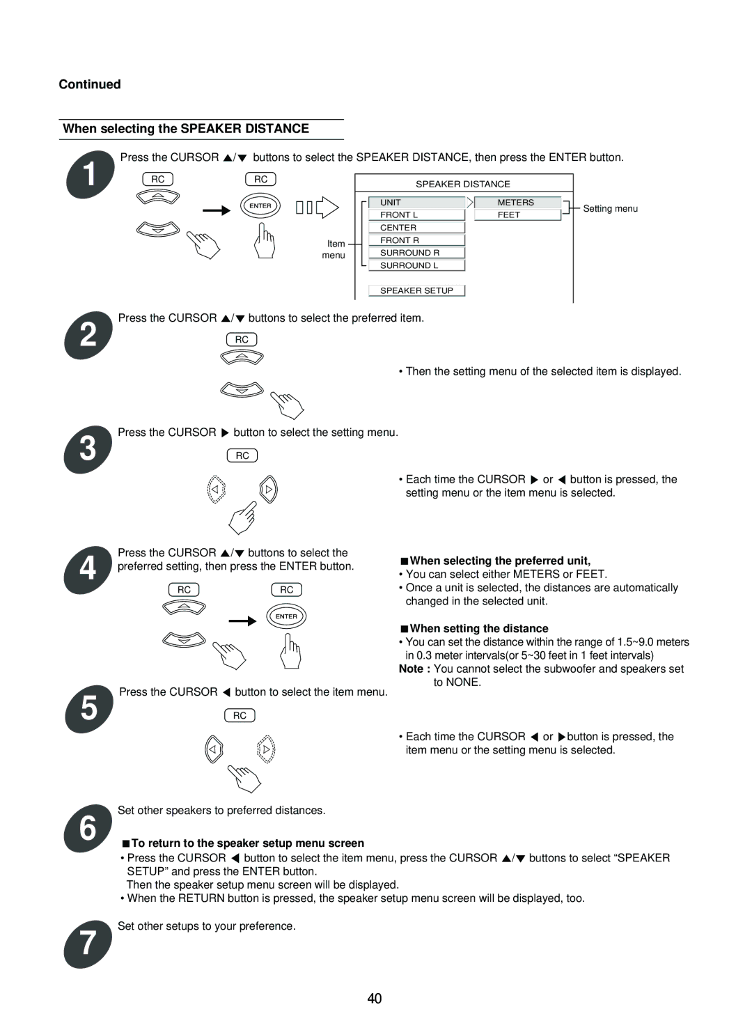 Sherwood SD-860 manual When selecting the Speaker Distance, When selecting the preferred unit, When setting the distance 