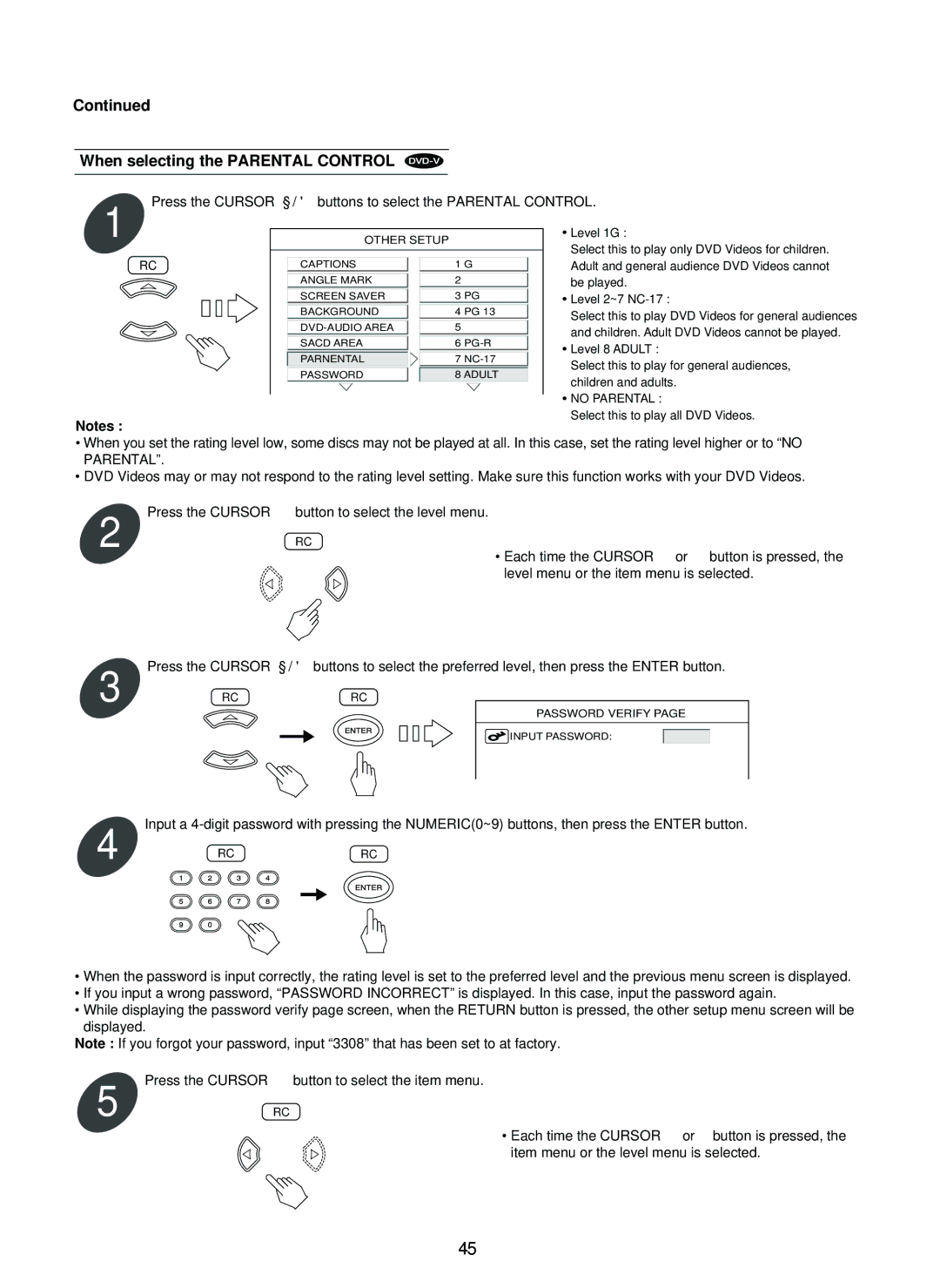 Sherwood SD-860 manual When selecting the Parental Control, Press the Cursor Buttons to select the Parental Control 