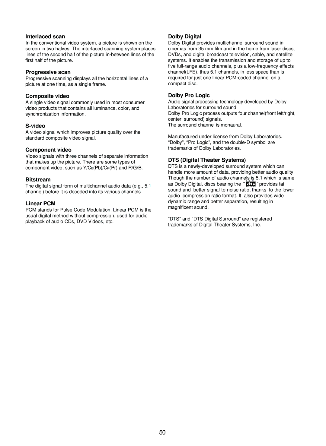 Sherwood SD-860 manual Interlaced scan, Progressive scan, Composite video, Video, Component video, Bitstream, Linear PCM 