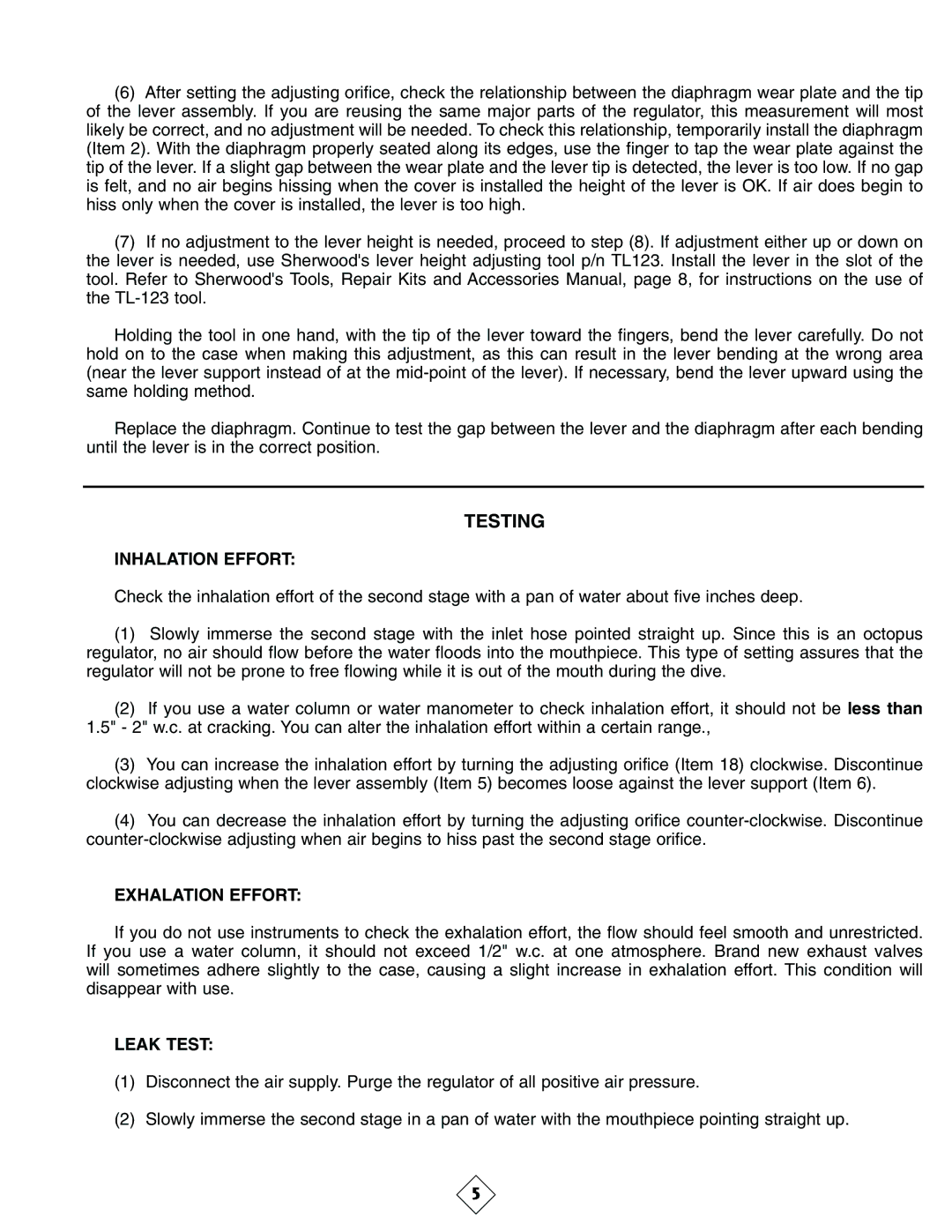 Sherwood SRB3108 manual Testing, Inhalation Effort, Exhalation Effort, Leak Test 