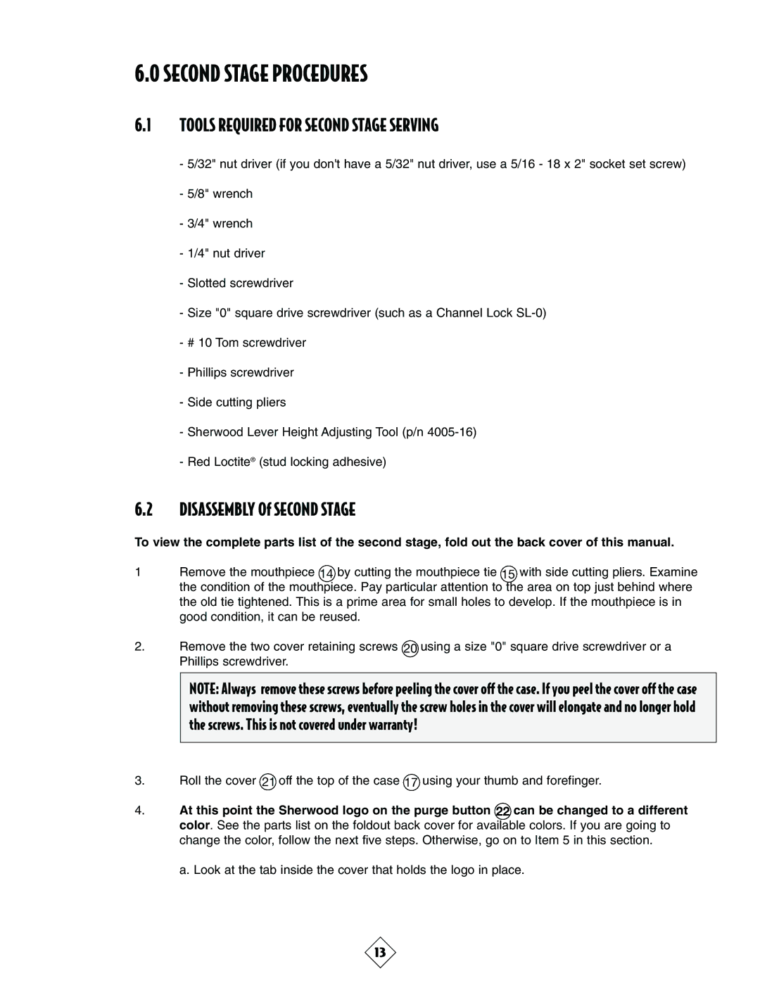 Sherwood SRB3600 manual Second Stage Procedures, Tools Required for Second Stage Serving, Disassembly Of Second Stage 