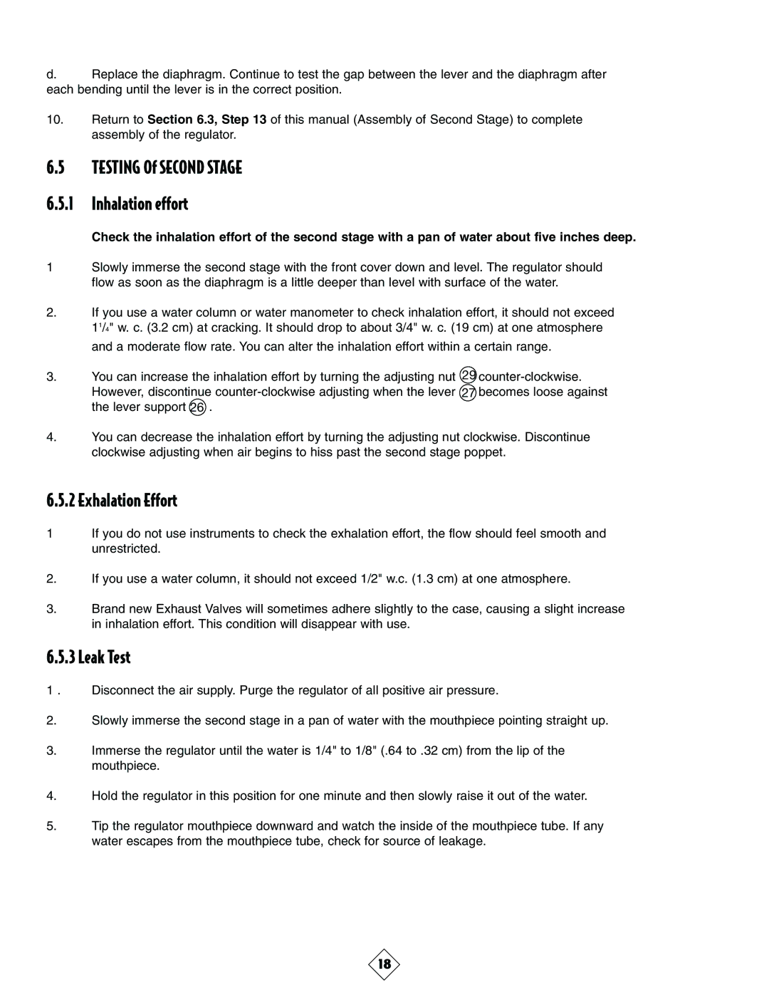 Sherwood SRB3600 manual Testing Of Second Stage Inhalation effort, Exhalation Effort, Leak Test 