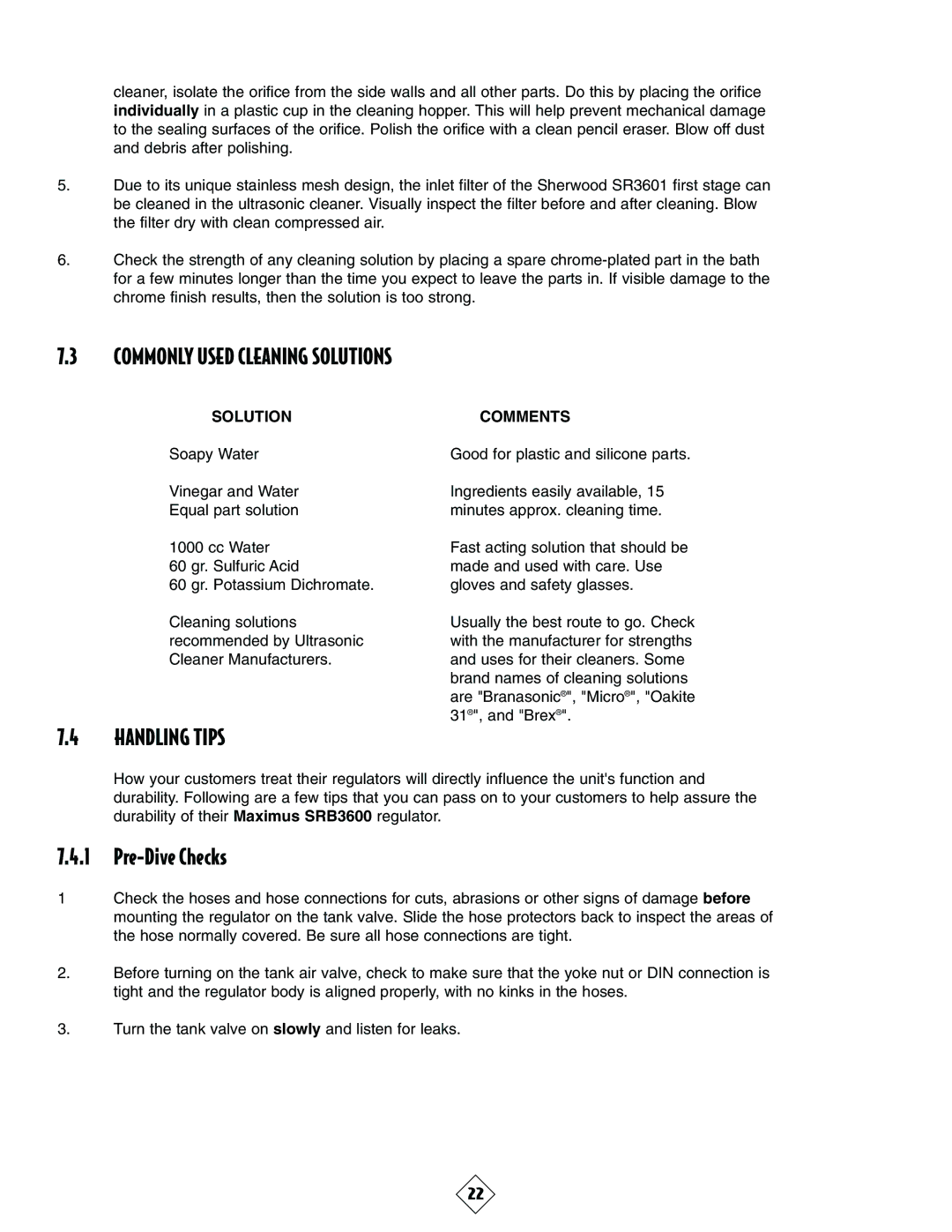 Sherwood SRB3600 manual Commonly Used Cleaning Solutions, Handling Tips, Pre-Dive Checks 