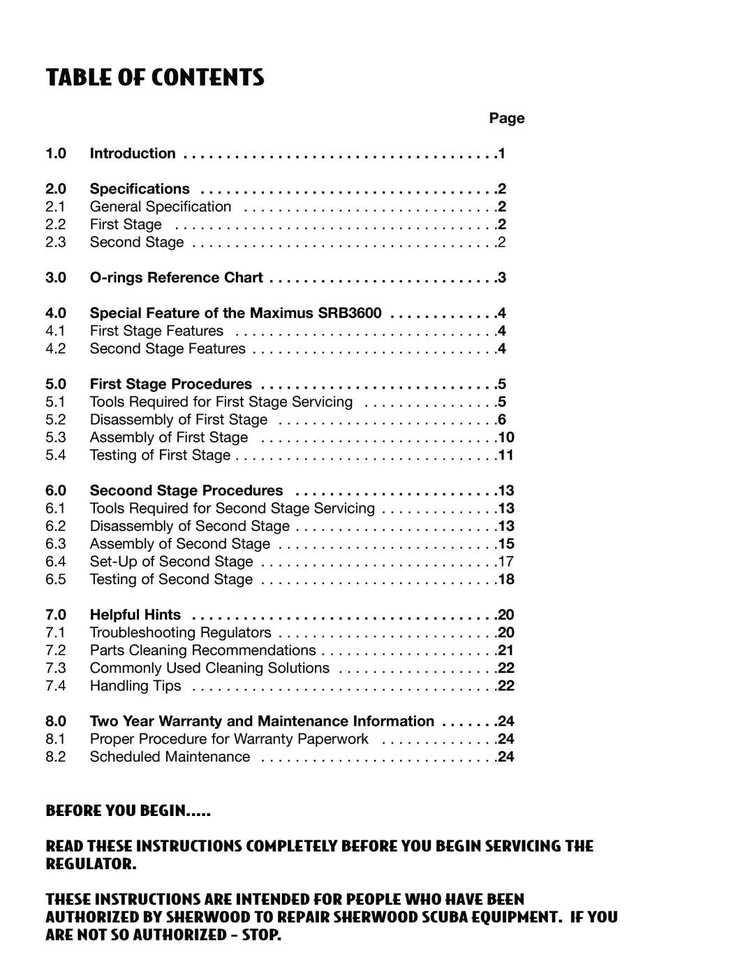 Sherwood SRB3600 manual Table of Contents 