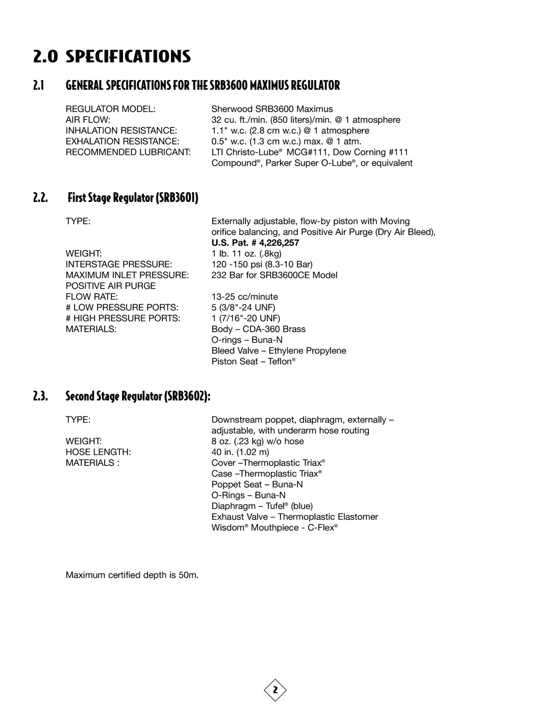 Sherwood manual General Specifications for the SRB3600 Maximus Regulator, First Stage Regulator SRB3601 