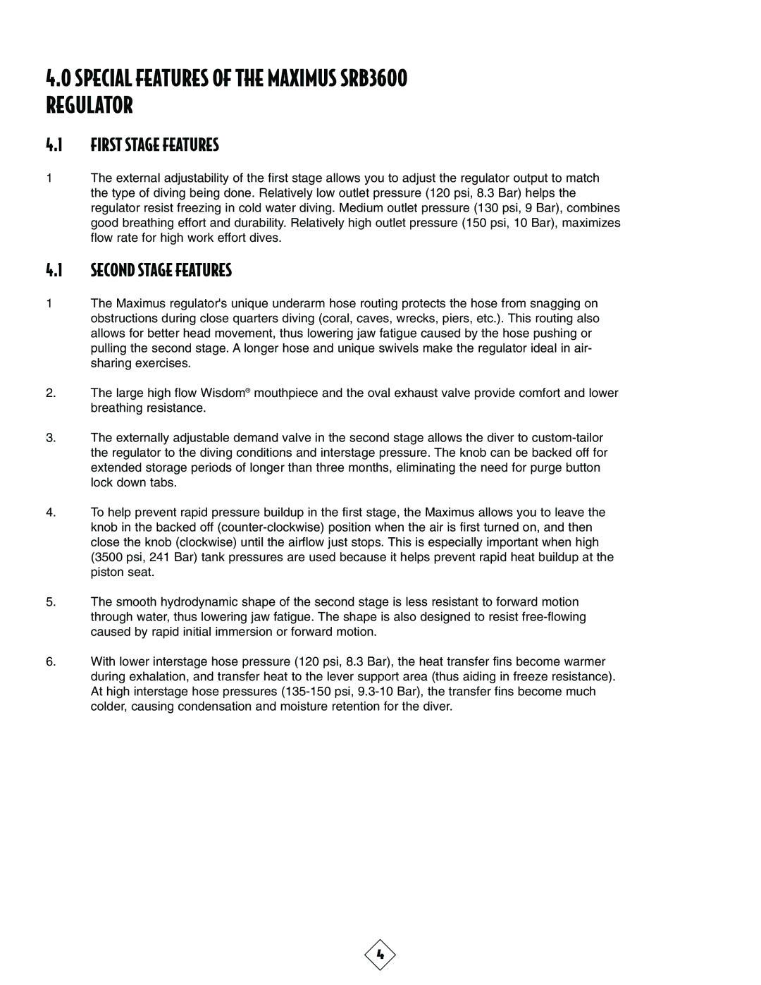 Sherwood manual Special Features of the Maximus SRB3600 Regulator, First Stage Features, Second Stage Features 