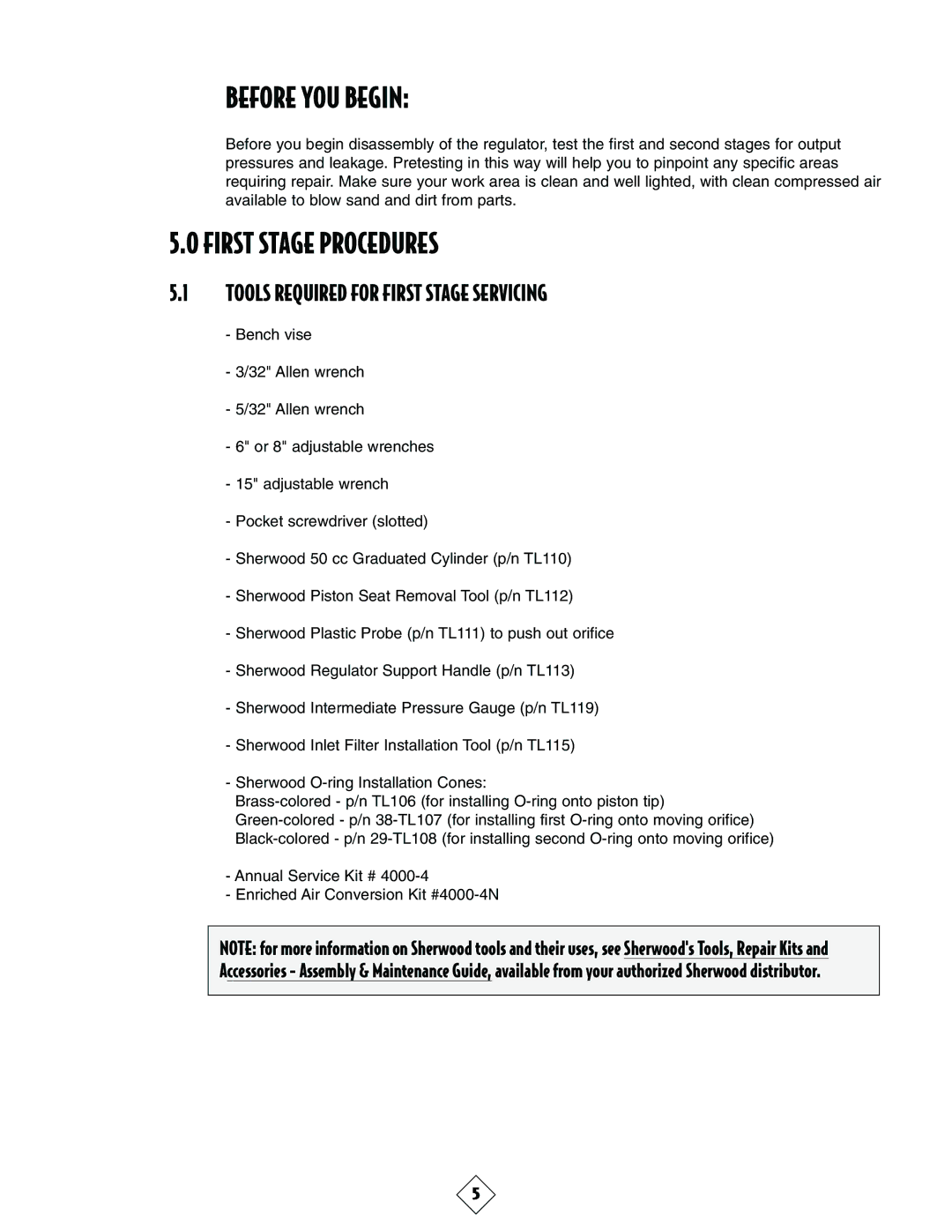 Sherwood SRB3600 manual Before YOU Begin, First Stage Procedures, Tools Required for First Stage Servicing 