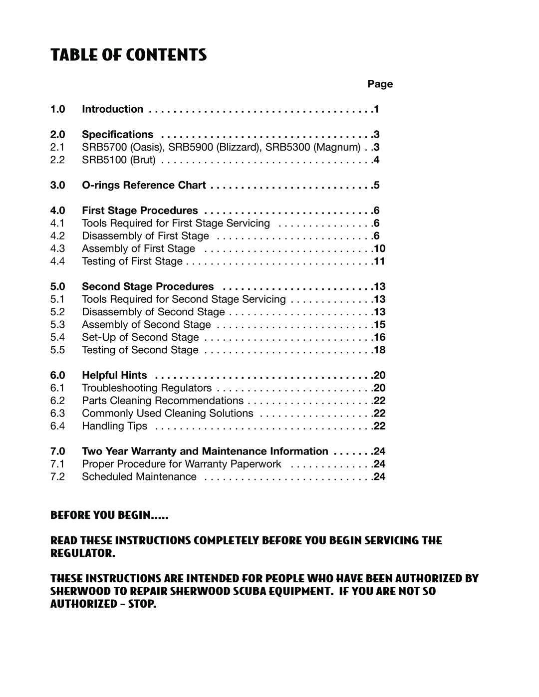 Sherwood SRB5300 manual Table Of Contents, Page 1.0 Introduction 2.0 Specifications, O-rings Reference Chart, Helpful Hints 