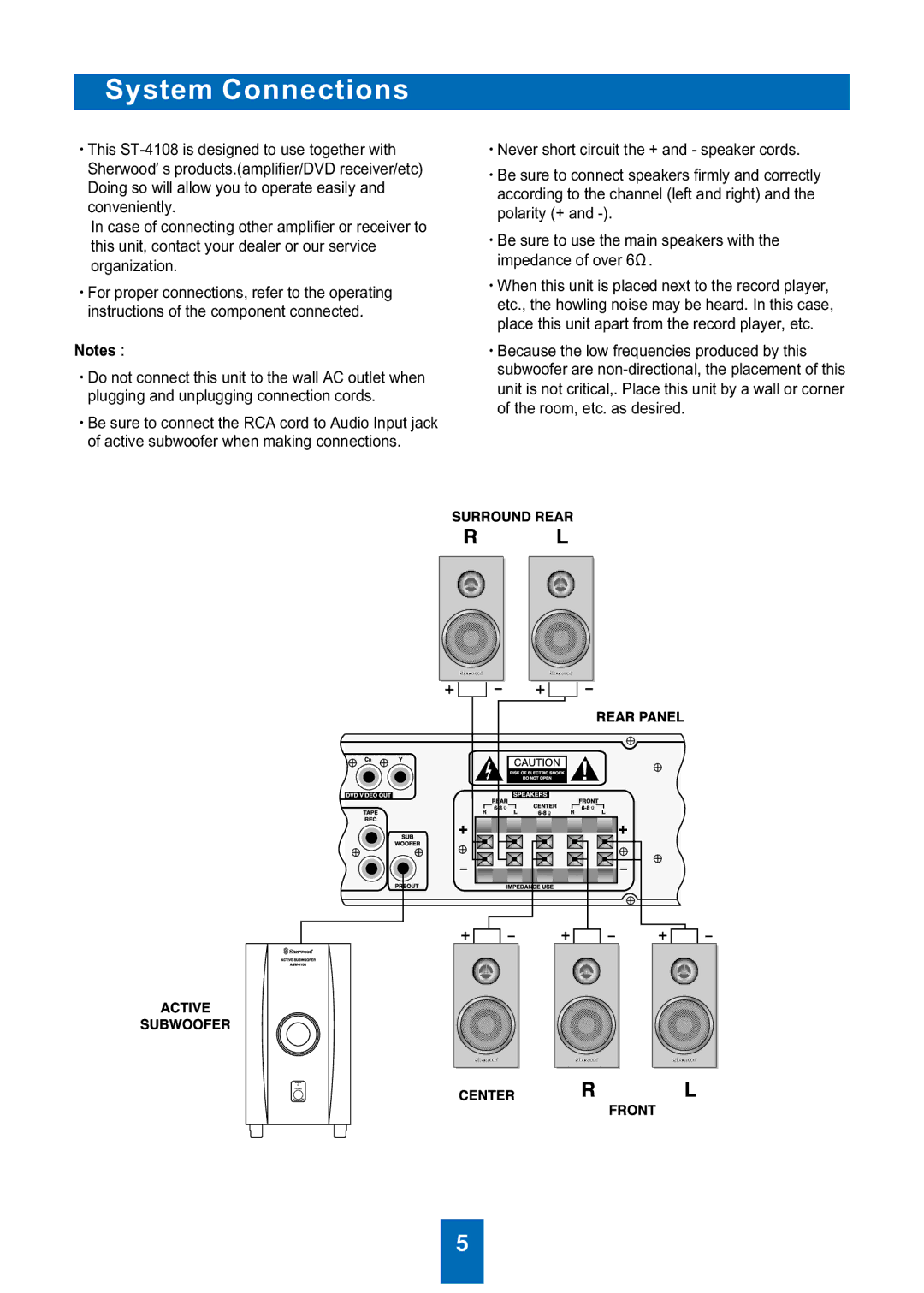 Sherwood T-4108CS, ST-4108F/R, ASW-4108, ST-4108C manual System Connections 