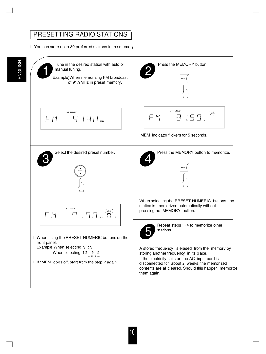 Sherwood TX-5090C, TX-5090RDS manual Presetting Radio Stations 