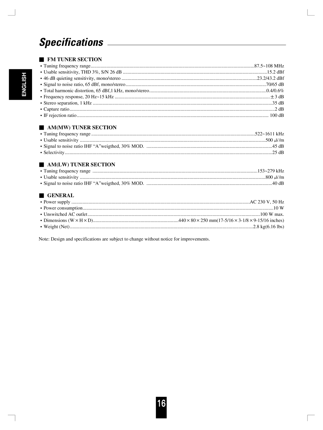 Sherwood TX-5090C, TX-5090RDS manual Specifications, FM Tuner Section, Ammw Tuner Section, Amlw Tuner Section, General 