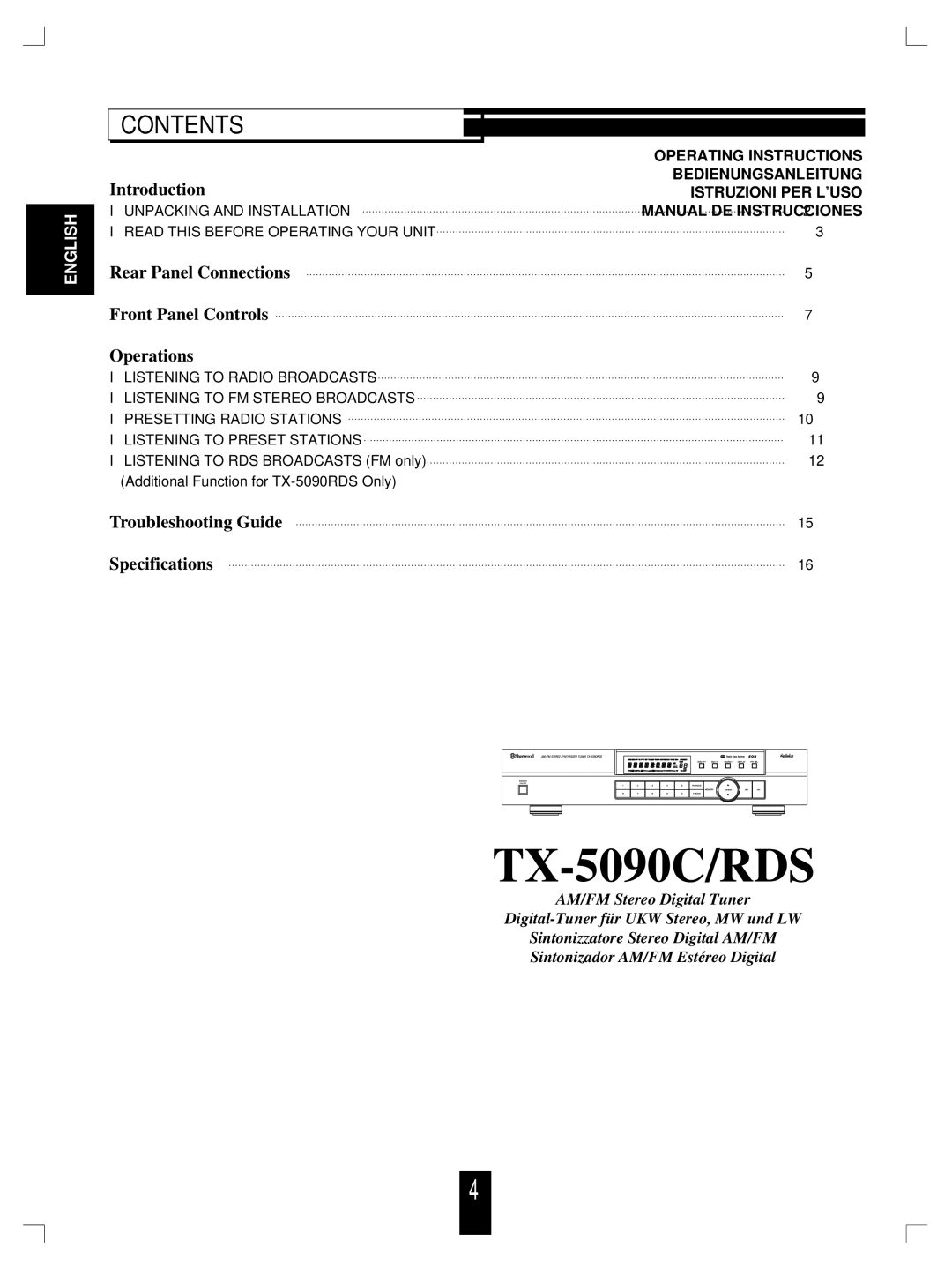 Sherwood TX-5090C, TX-5090RDS manual Contents 