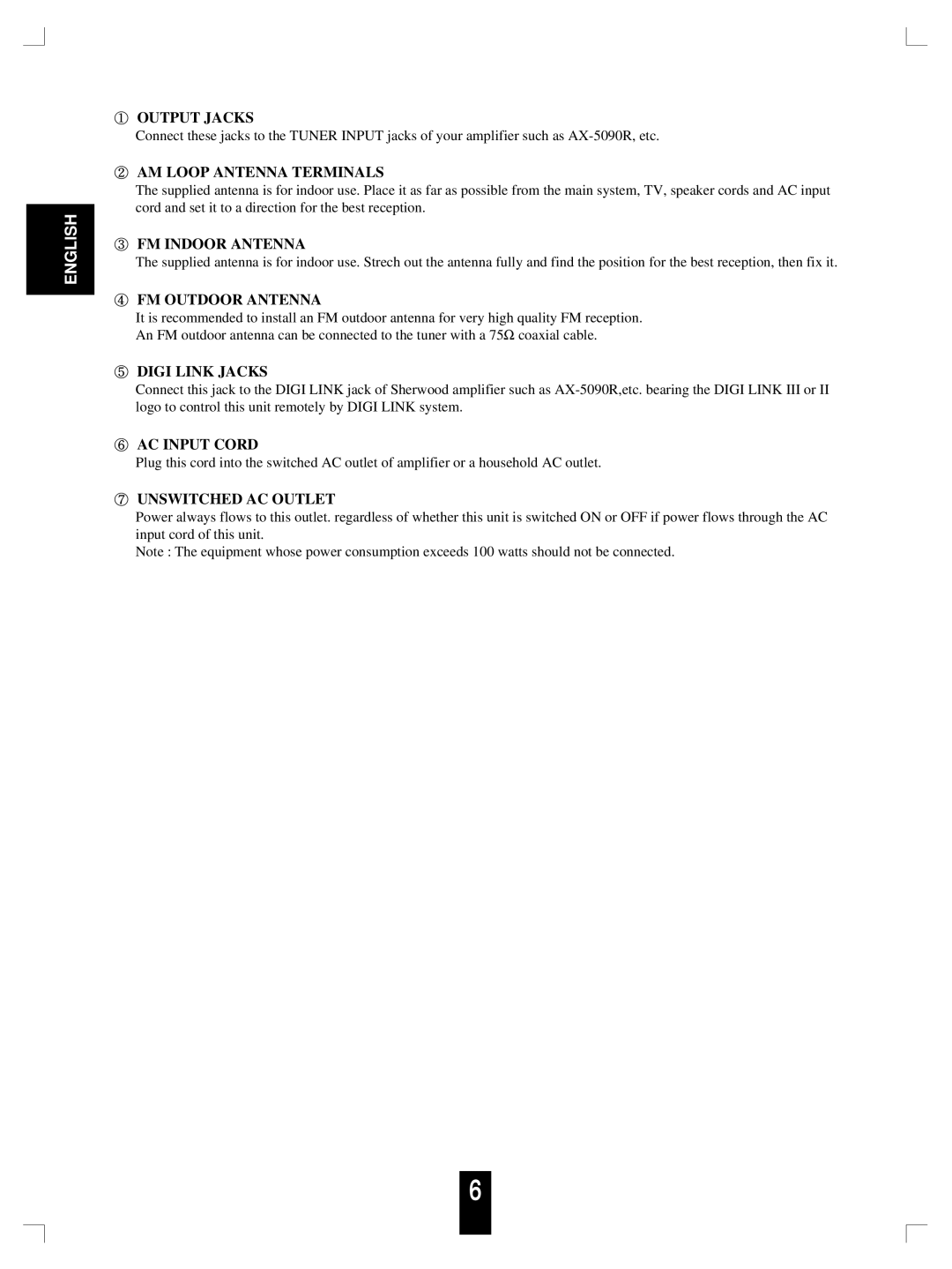 Sherwood TX-5090C manual Output Jacks, AM Loop Antenna Terminals, FM Indoor Antenna, FM Outdoor Antenna, Digi Link Jacks 