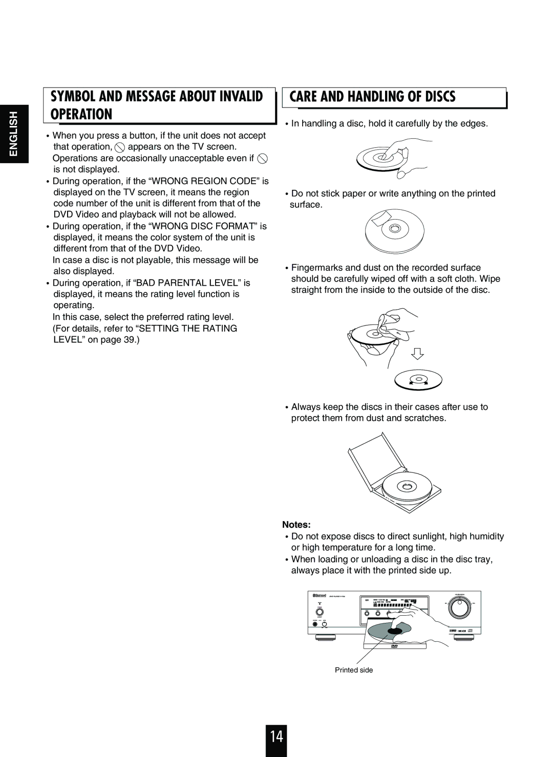 Sherwood V-756 manual Symbol and Message about Invalid Operation, Care and Handling of Discs 