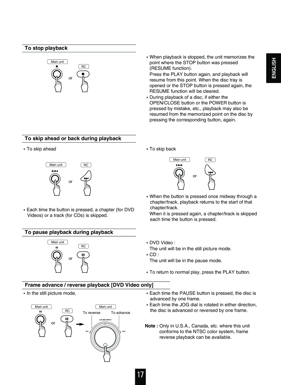 Sherwood V-756 manual To stop playback, To skip ahead or back during playback, To pause playback during playback 