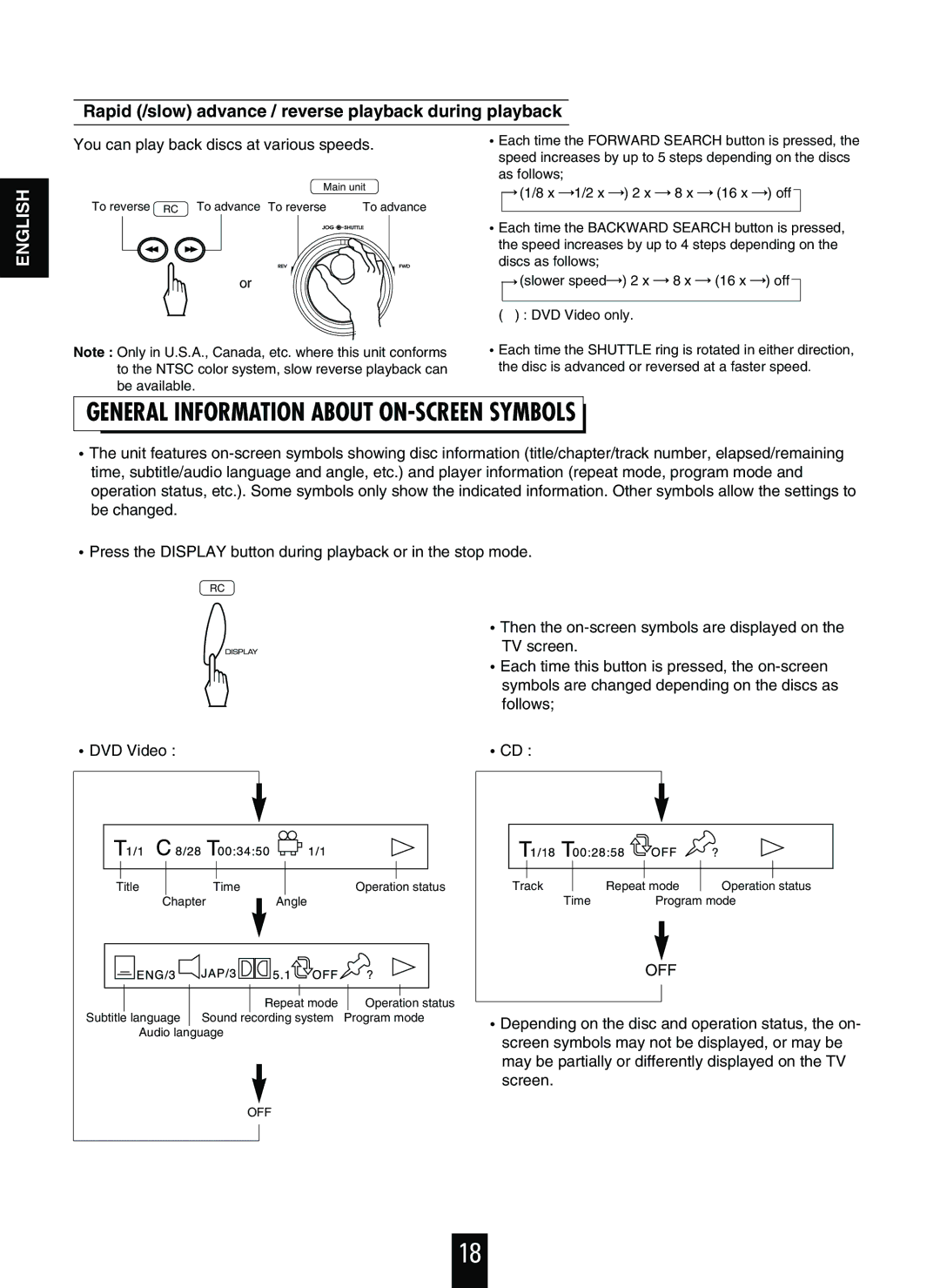 Sherwood V-756 General Information about ON-SCREEN Symbols, Rapid /slow advance / reverse playback during playback, Off 