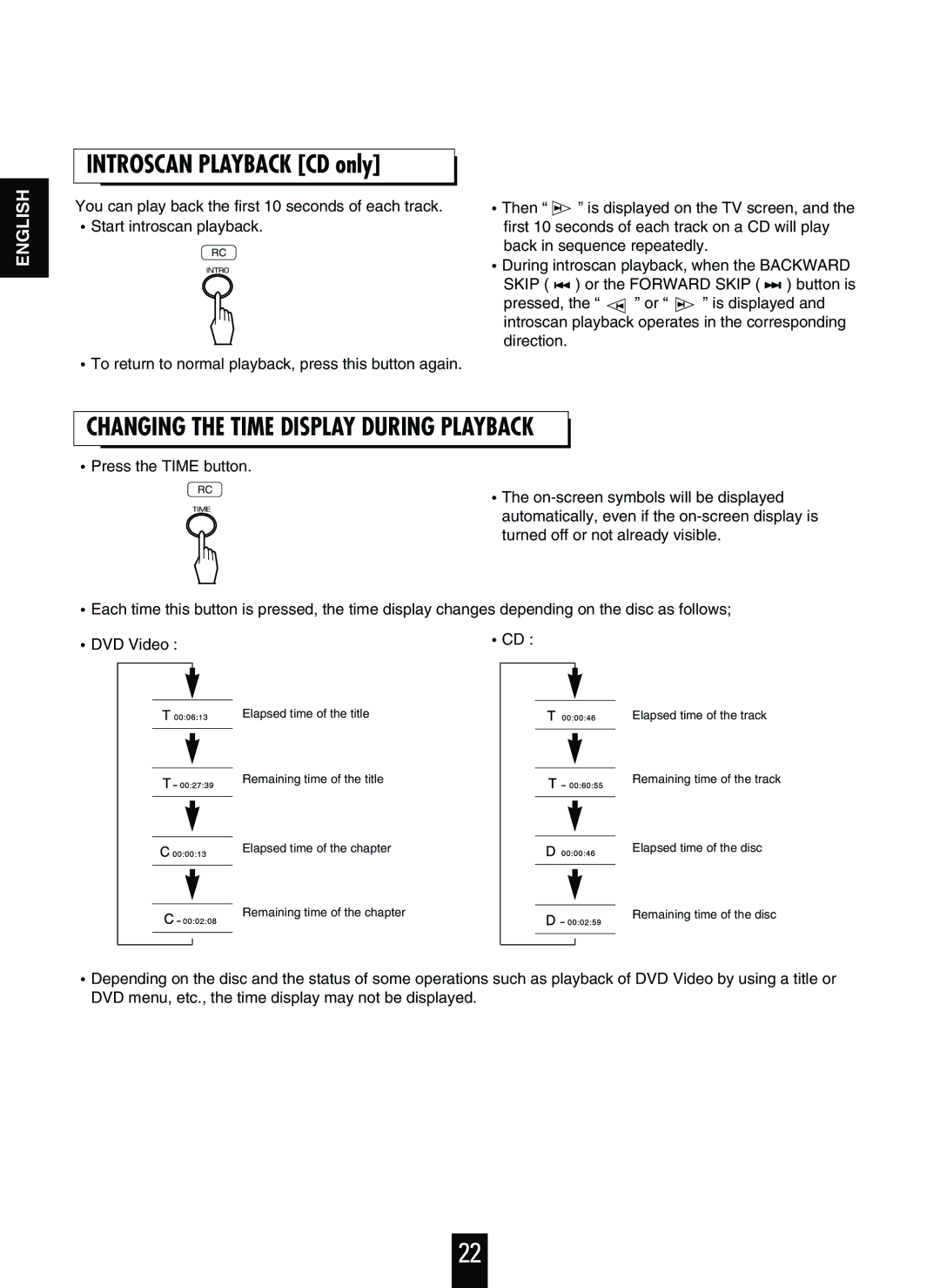 Sherwood V-756 manual Introscan Playback CD only, Changing the Time Display During Playback 