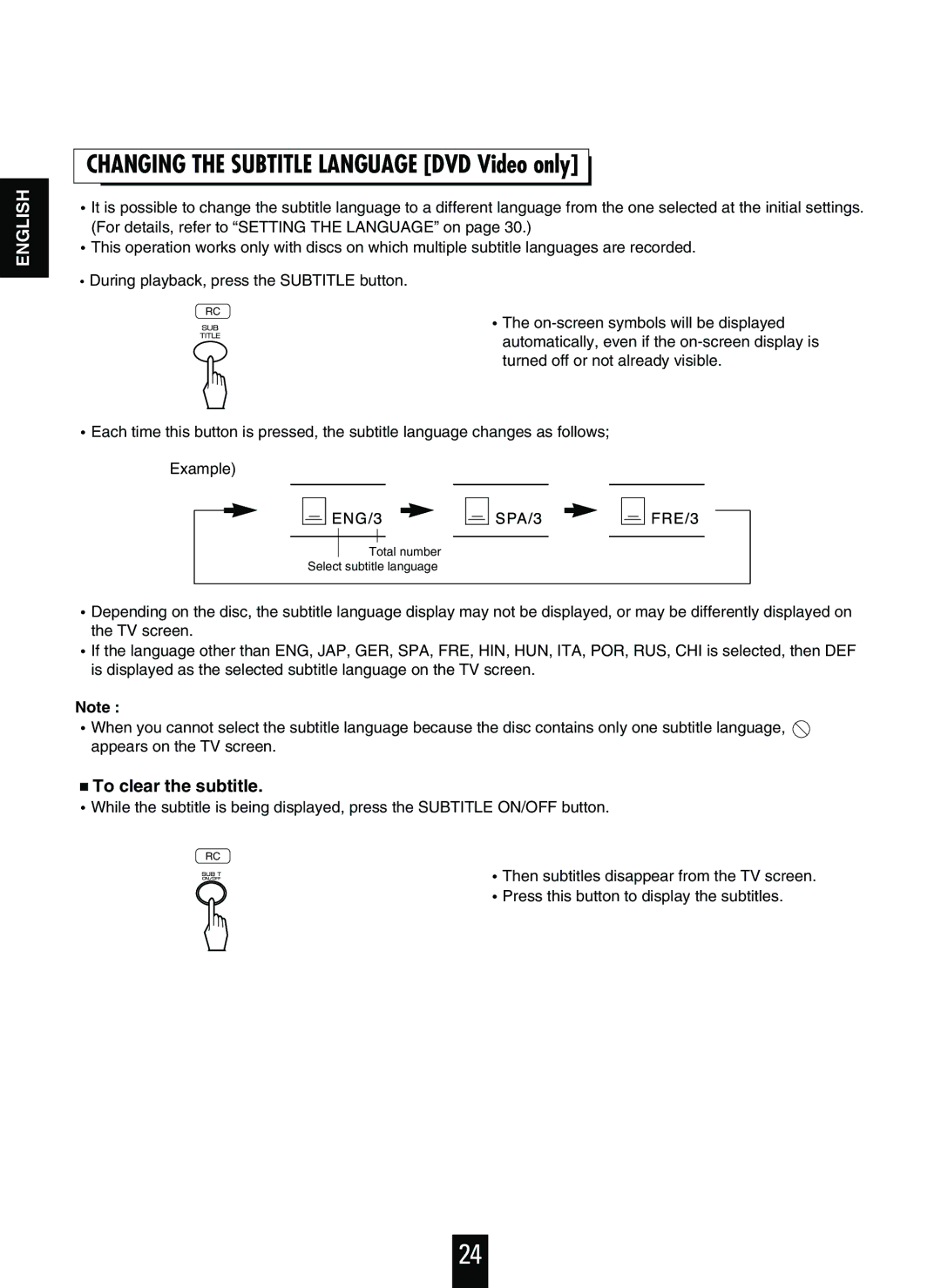 Sherwood V-756 manual Changing the Subtitle Language DVD Video only, To clear the subtitle 