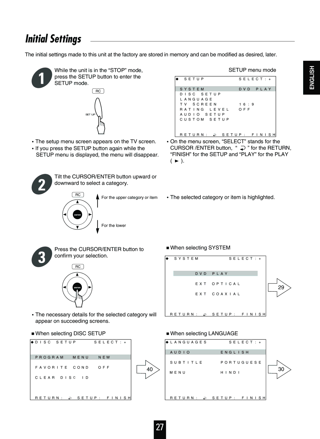 Sherwood V-756 manual Initial Settings, When selecting System, When selecting Language 