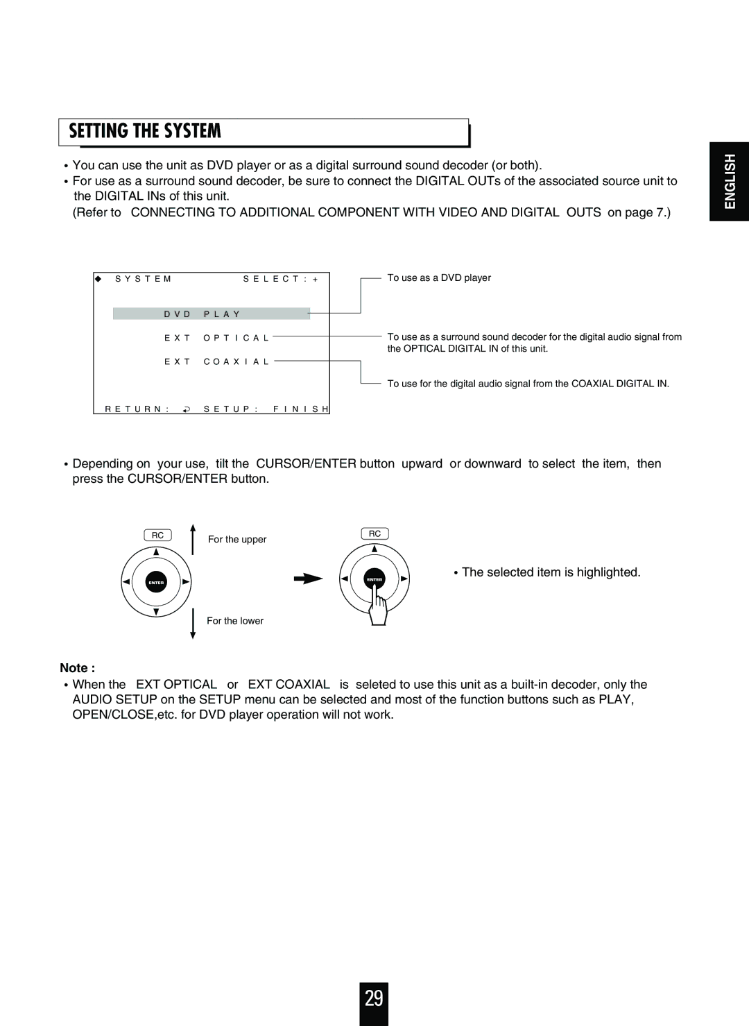 Sherwood V-756 manual Setting the System, Selected item is highlighted 