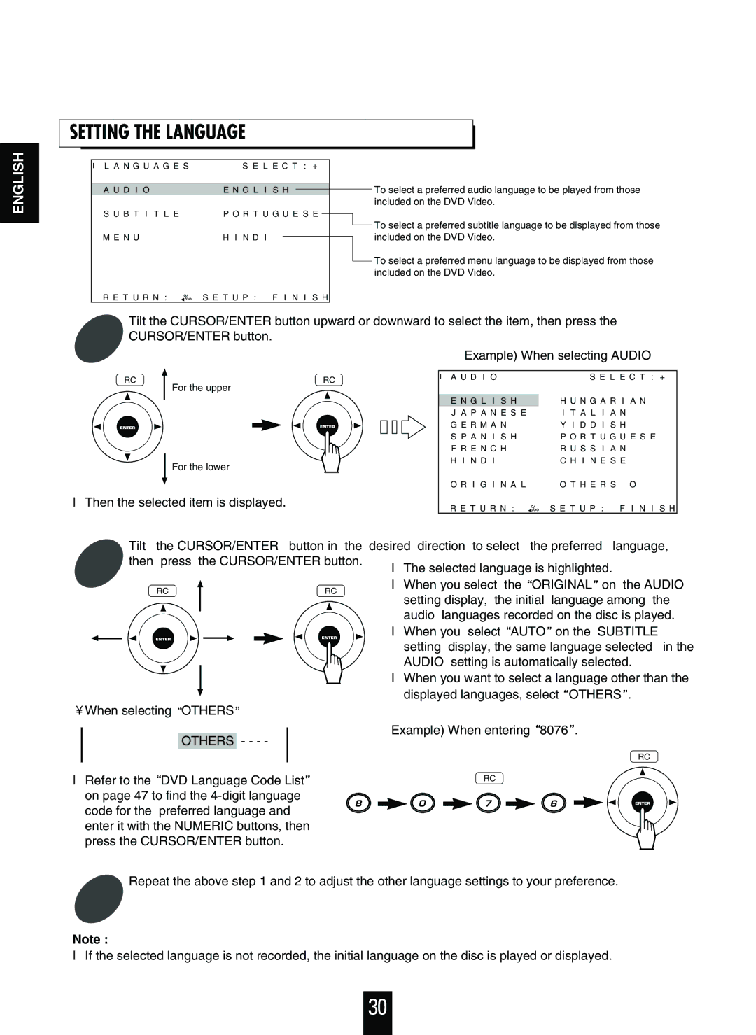 Sherwood V-756 manual Setting the Language, Audio, Others 