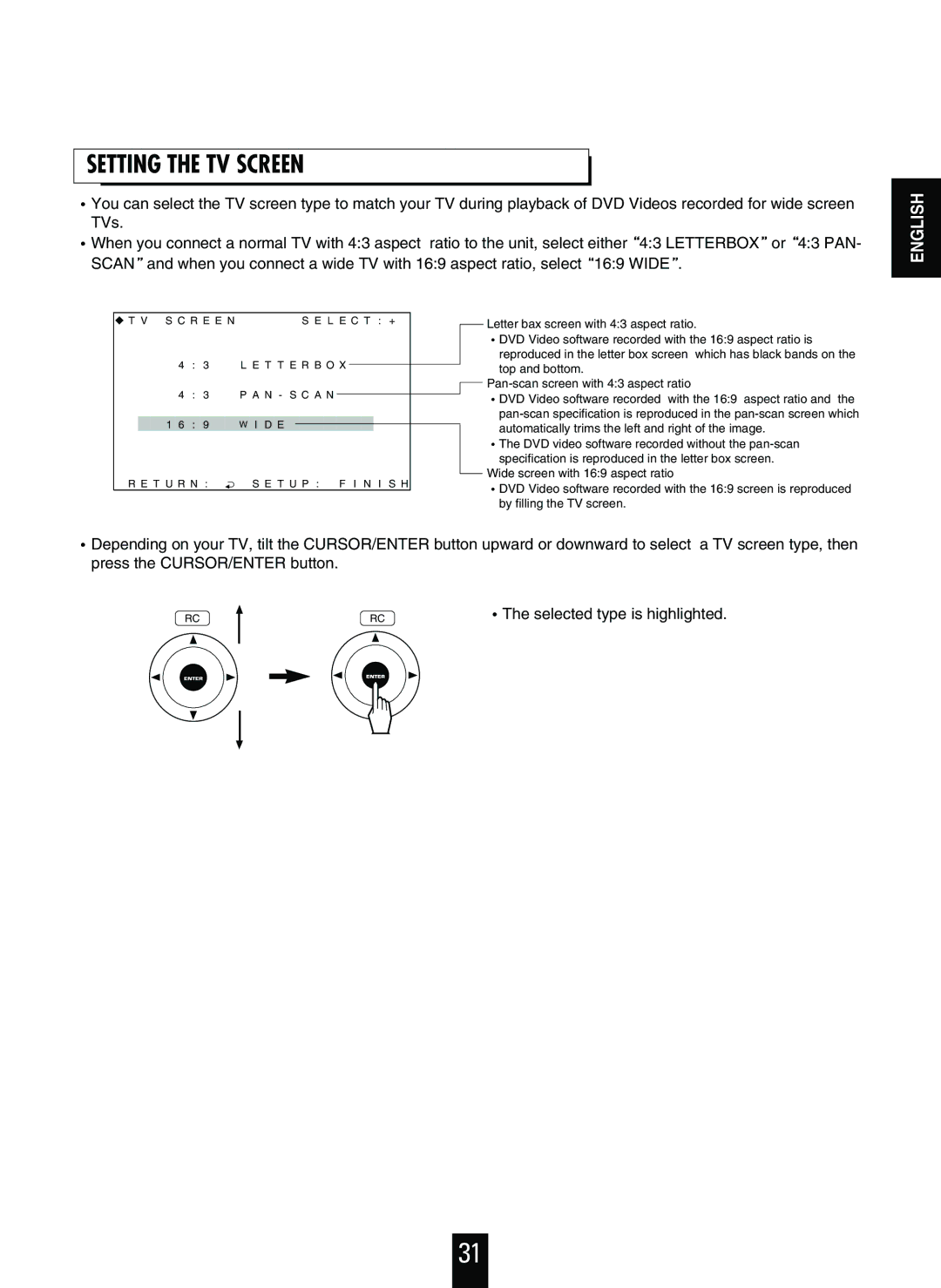 Sherwood V-756 manual Setting the TV Screen 